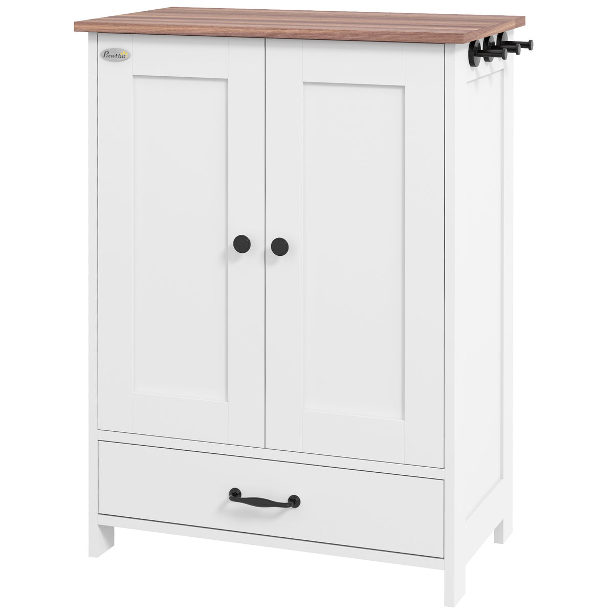 Pet Feeding Station, Dog Food Storage Cabinet w/ Raised Dog Bowls, Adjustable Panel, Hooks for Medium Dogs, White