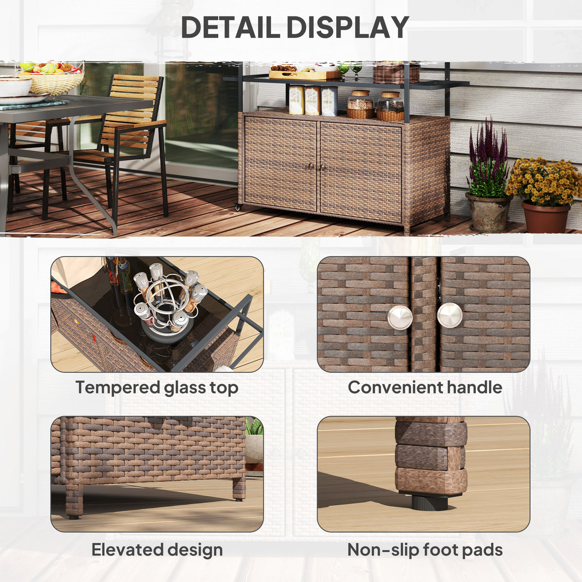 2-Tier Shelf PE Rattan Outdoor Bar Table, Glass Top Outdoor Serving Cart with Cabinet, Mixed Brown