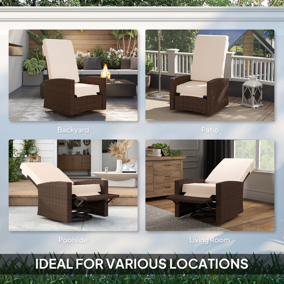 Outdoor Wicker Swivel Recliner Chair, Lifting Footrest, 360° Rotating Basic, Water-resistant Cushions, Cream White