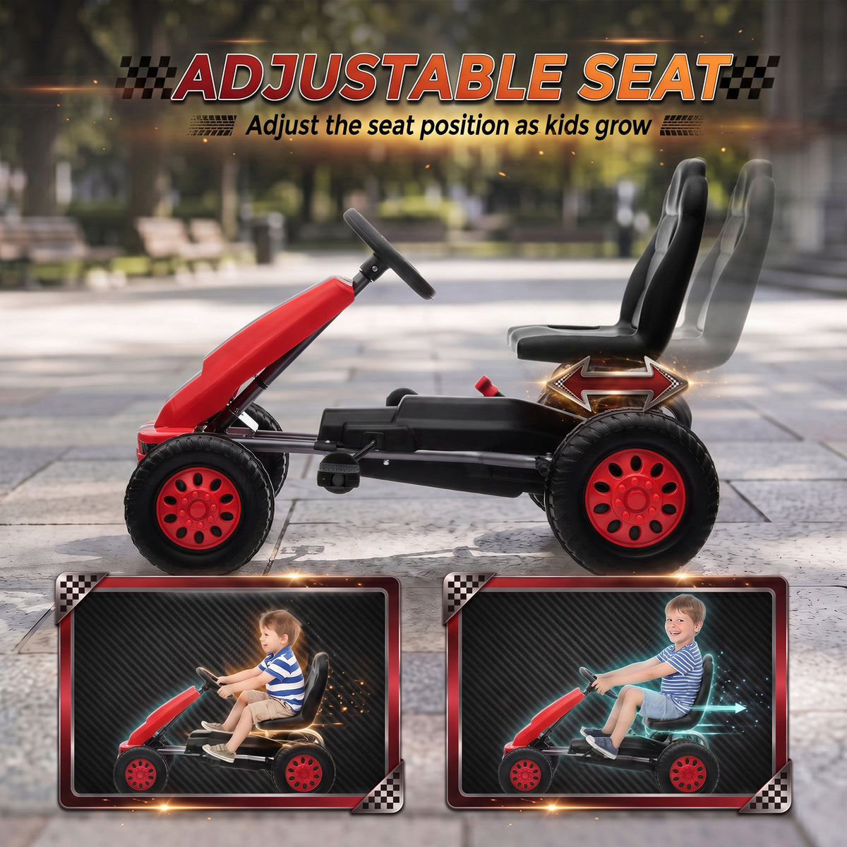 Lightweight Pedal Go Kart with Steering Wheel, Go Cart Ride on Toy with Adjustable Seat for 3+ Years, Red