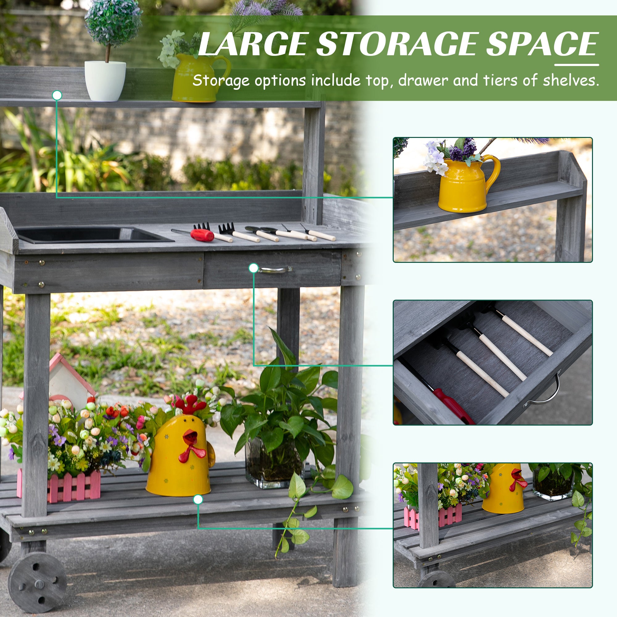 36" Wooden Potting Bench Work Table with 2 Removable Wheels, Garden Workstation with Removable Sink, Drawer & Large Storage Spaces, Gray - Gray - Image 4