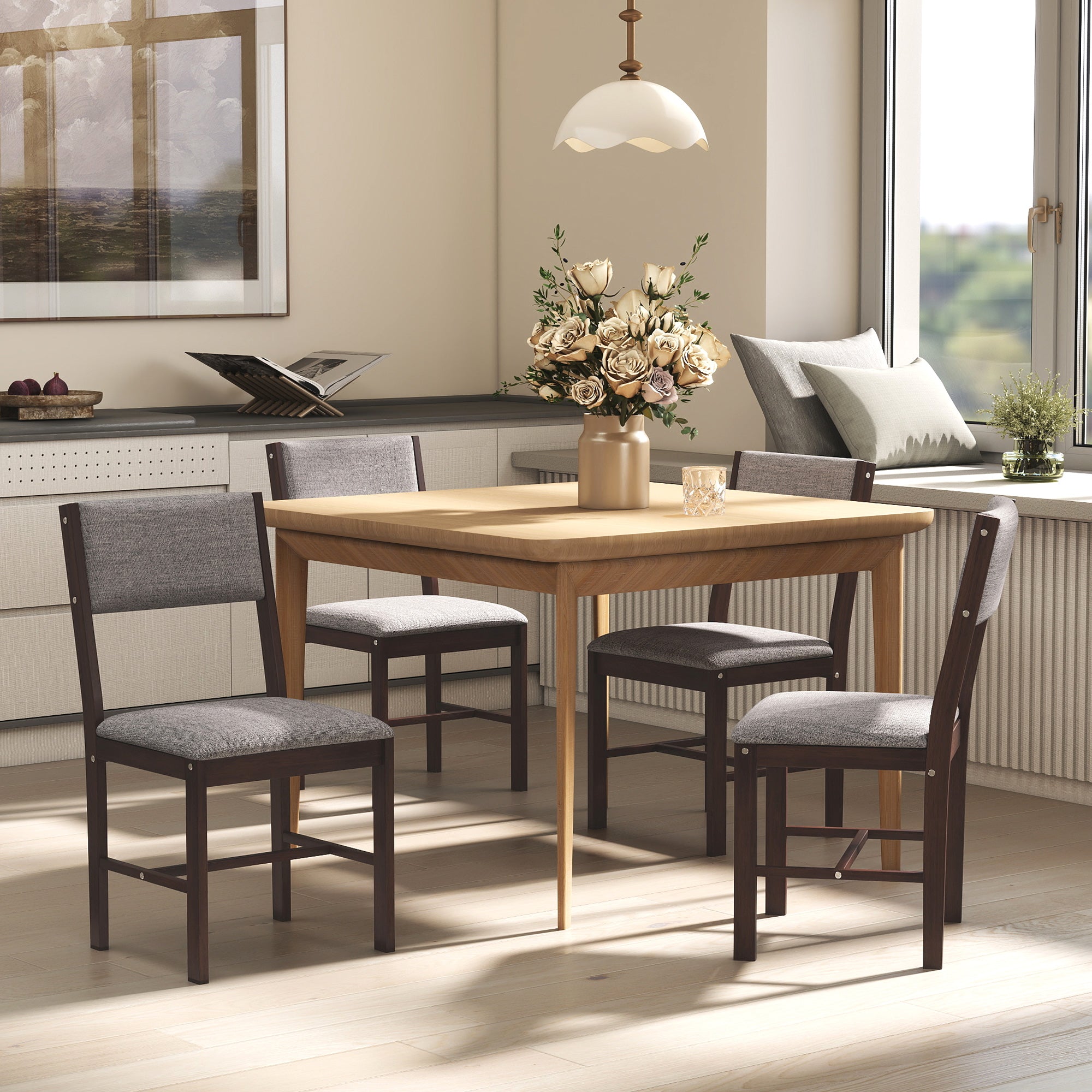 Modern Dining Chairs Set of 4, Linen Fabric Kitchen Chairs with Rubberwood Legs for Dining Room, Living Room, Gray