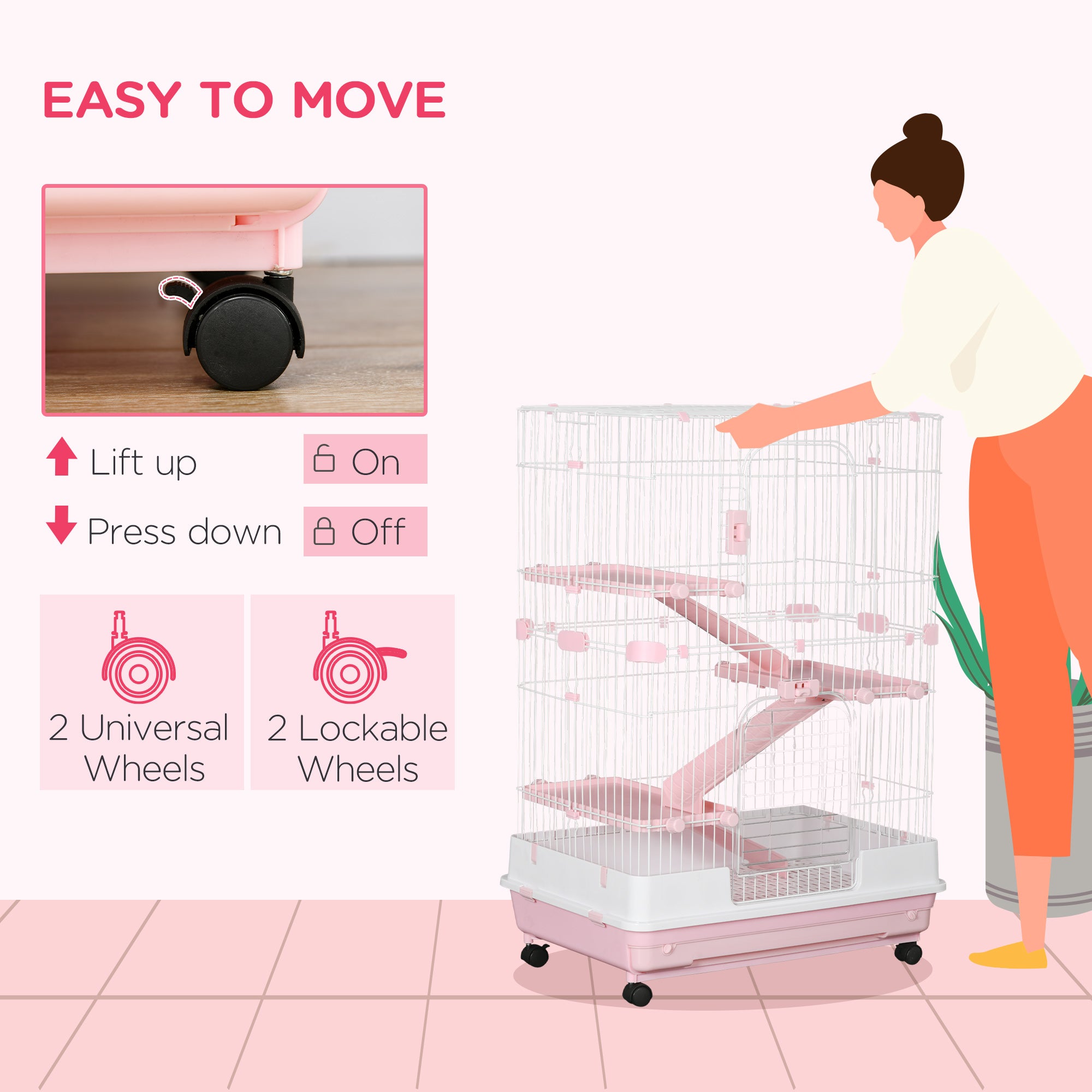 32"L 4-Level Small Animal Cage Rabbit Hutch with Wheels, Slide-out Tray for Bunny, Chinchillas, Ferret, Pink - Pink - Image 5