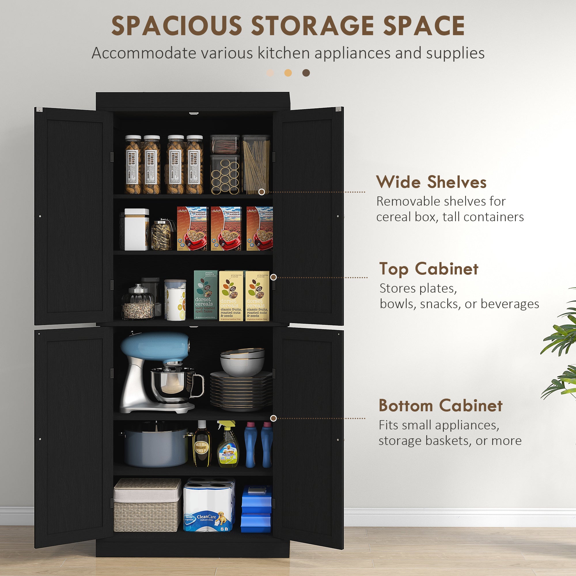 72" Kitchen Cabinet, Pantry Storage Cabinet with Doors and Shelves, Freestanding Food Pantry Cabinet, Black Wood Grain