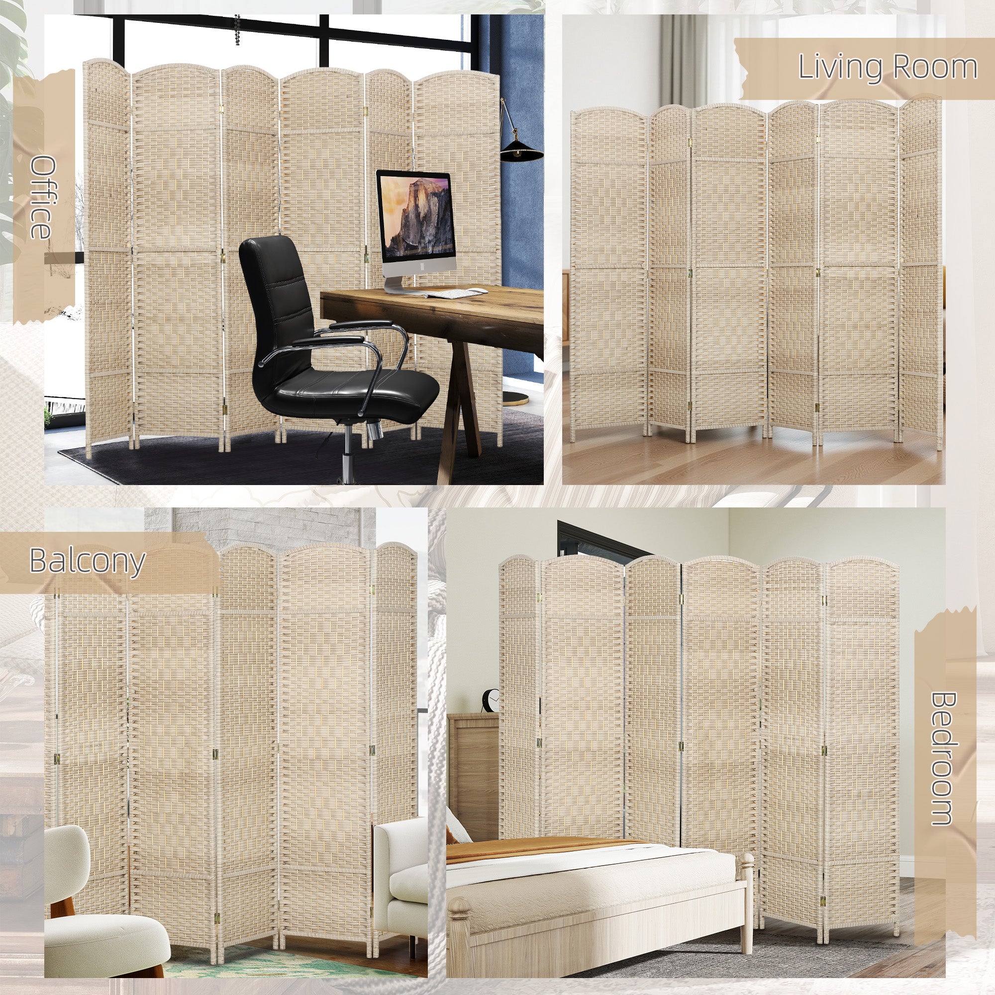 Folding Room Divider Screen 6 Panel 6' Tall Privacy Screen Freestanding Wood Partition for Home Office, Washed Oak
