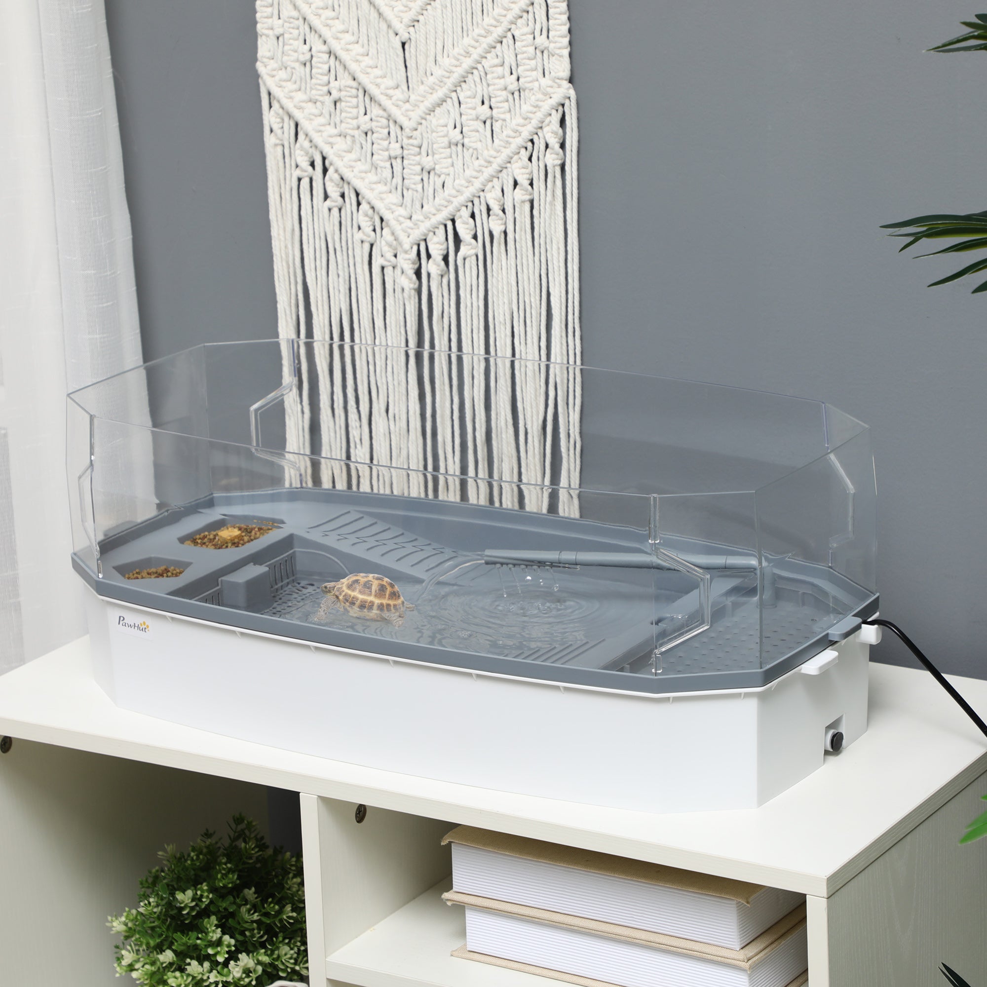 Turtle Tank Kit, Turtle Aquarium with Basking Platform, Water Pump, Filter Layer Design, Full View Visually Reptile Habitat, Easy to Clean and Change Water, Multi Functional Area - White - Image 2