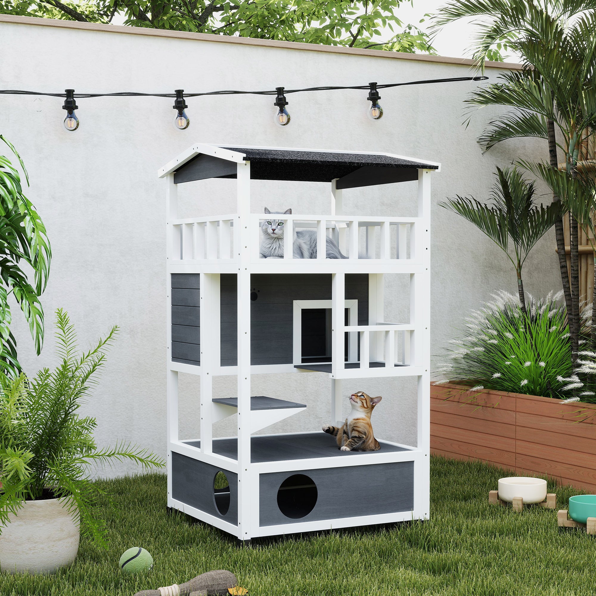 Wooden Outdoor Cat House, Feral Cat Shelter Kitten Condo with Asphalt Roof, Escape Doors, Condo, Jumping Platform, Gray - Grey - Image 8