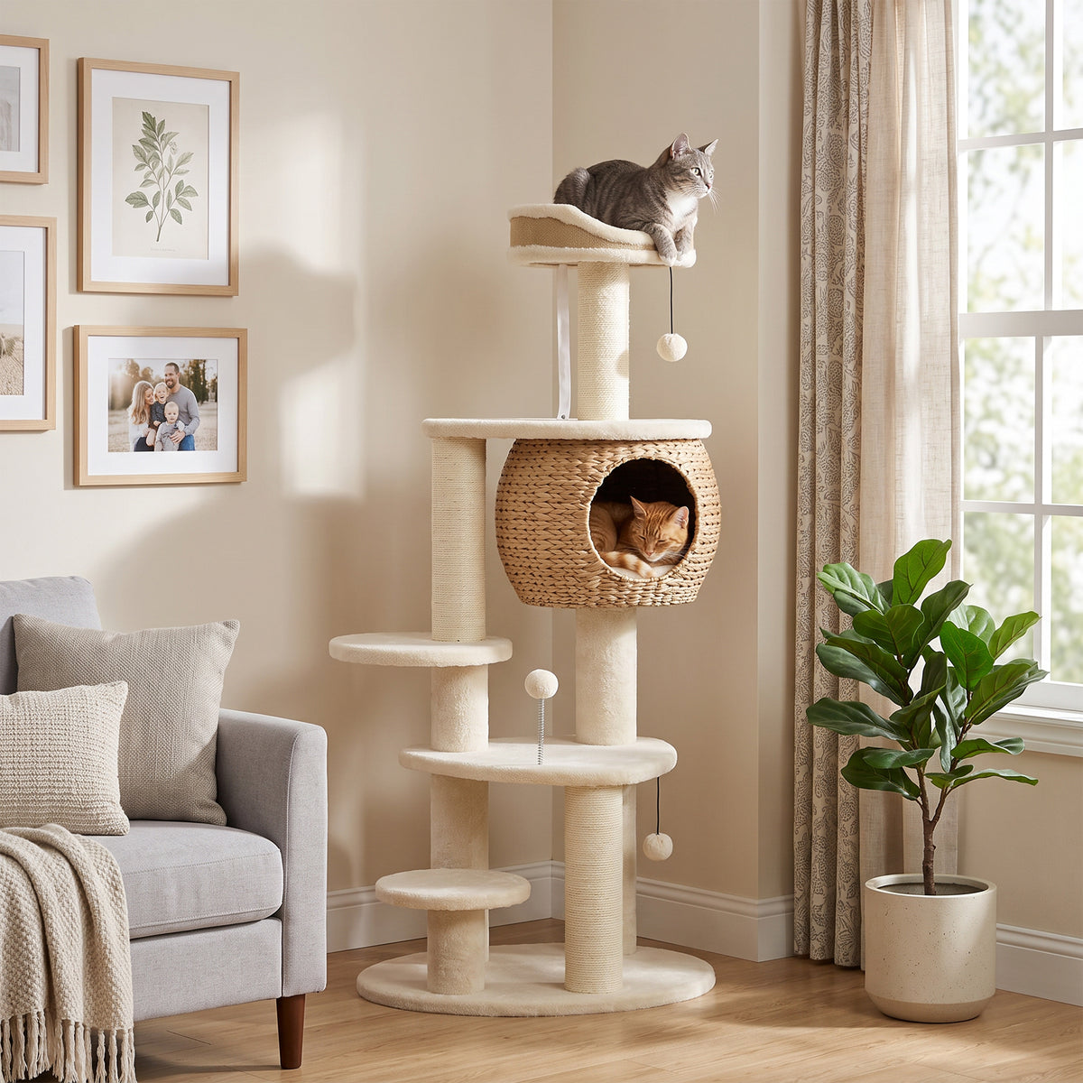52" Cat Tree, Cat Tower with Handwoven Cattail Condo, Bed, Platforms, 3 Scratching Posts and 3 Toy Balls