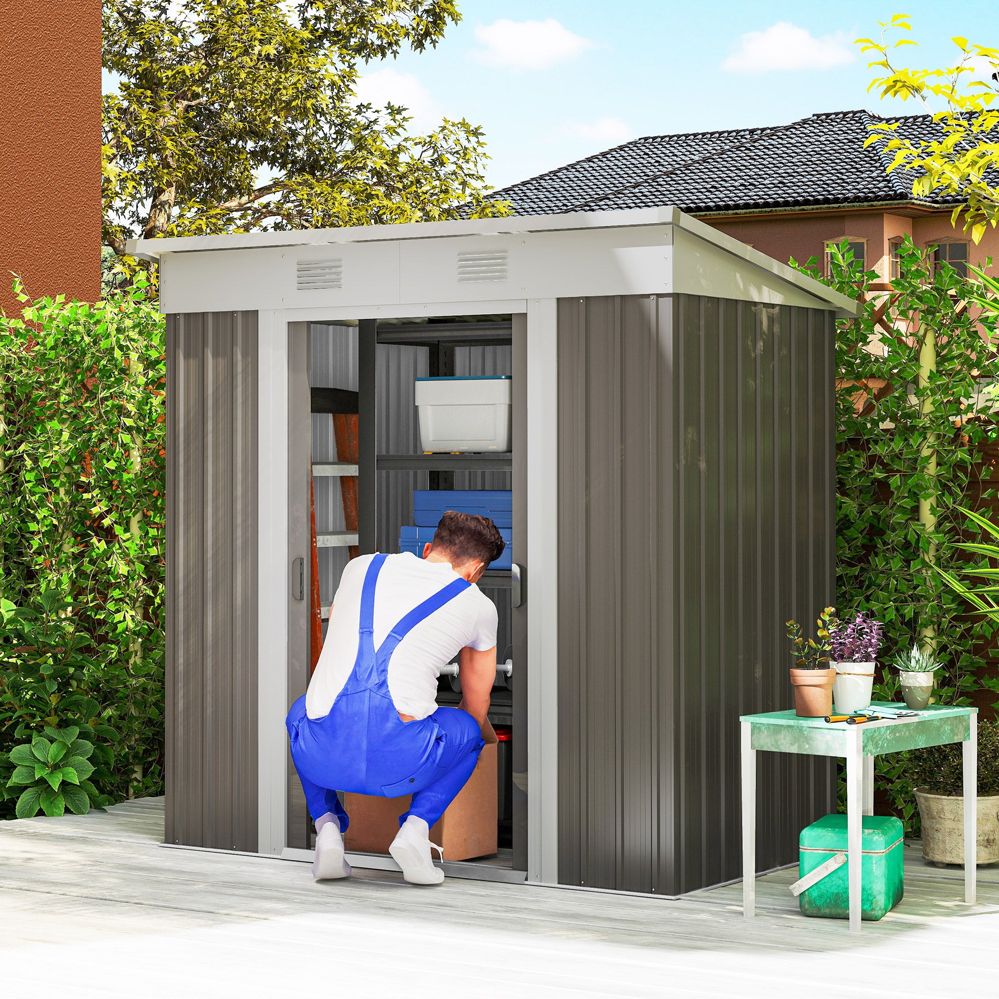 6' x 4' Metal Garden Shed, Backyard Tool Storage Shed with Dual Locking Doors, 2 Air Vents and Steel Frame, Gray - Gray - Image 2