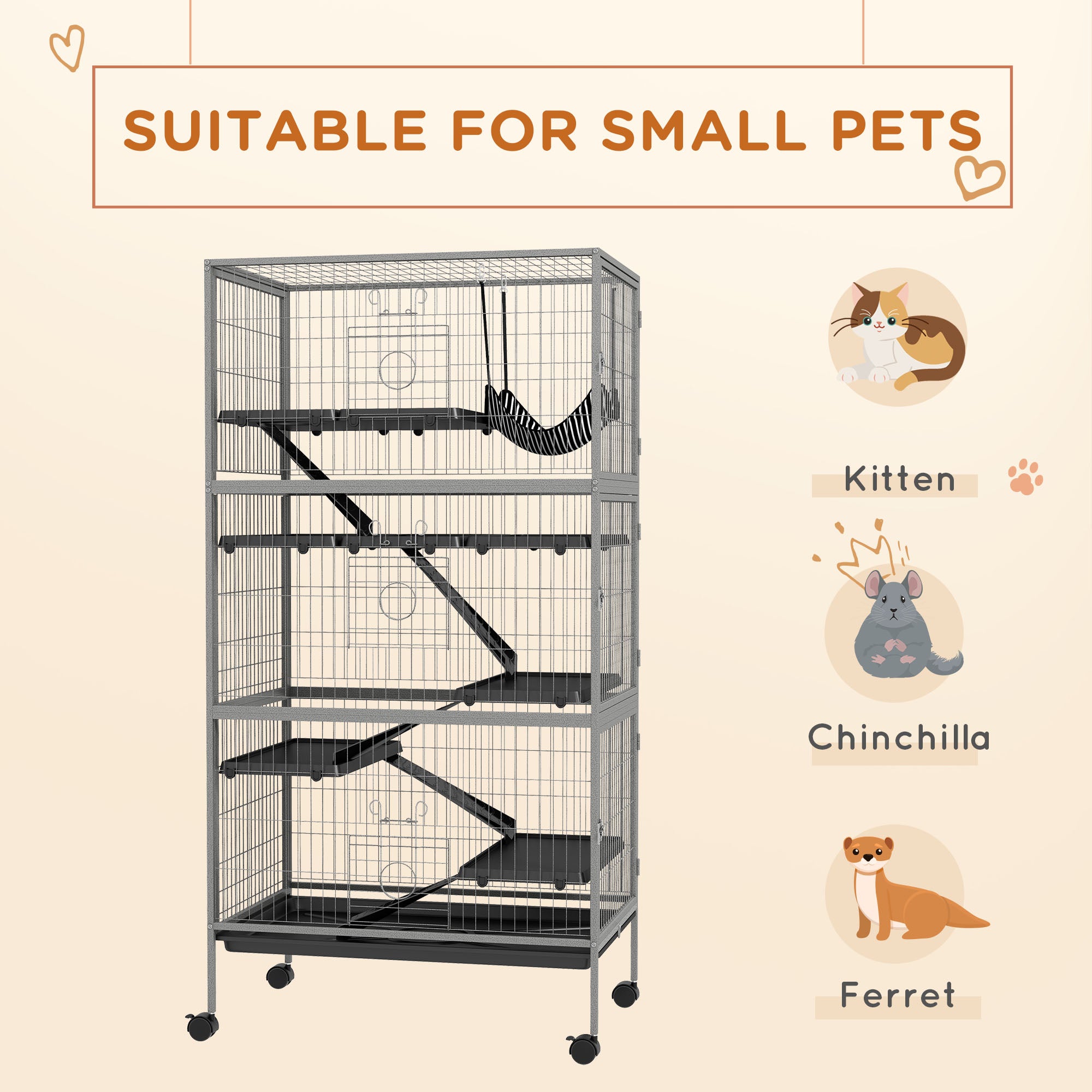 63" H Rolling Small Animal Cage with Hammock, Ferret Cage, Chinchilla Cage, Pet Habitat with 6 Doors, Removable Tray - Gray - Image 4