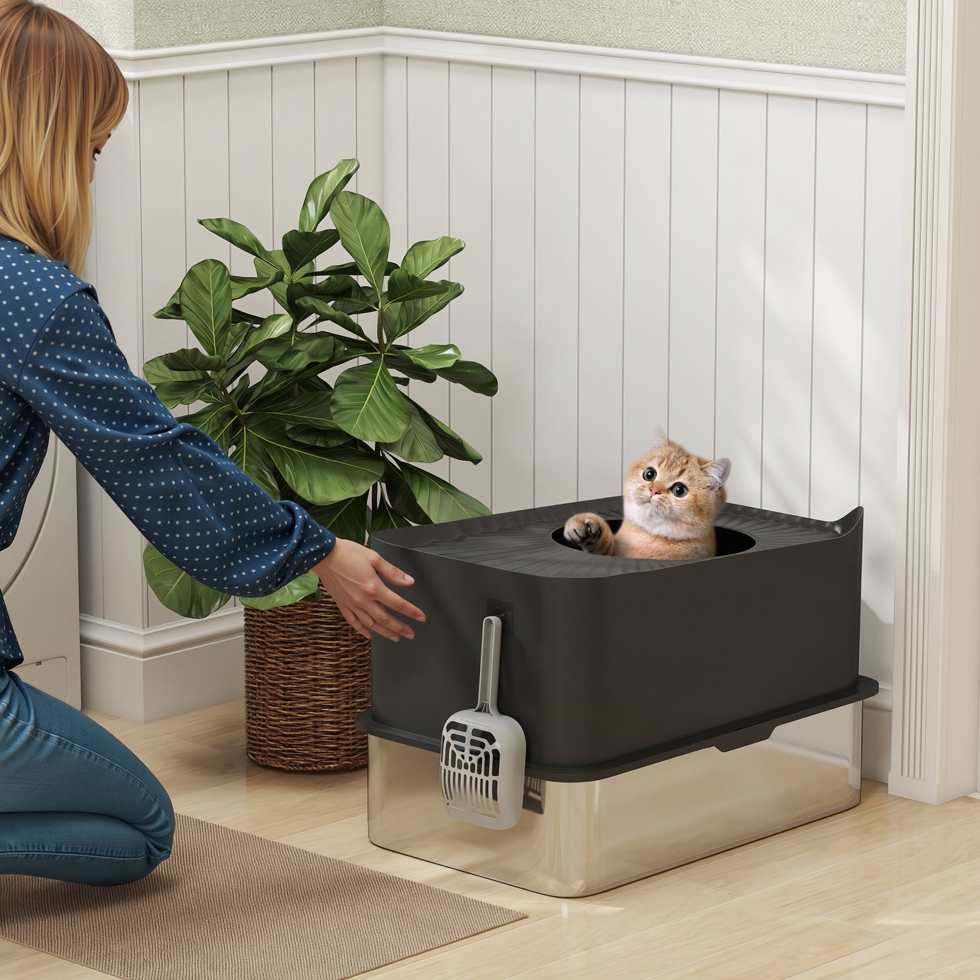 Extra Large Stainless Steel Litter Box, Enclosed Cat Litter Box with Scoop, Top Entrance, Non-slip Pads, Black - Black - Image 2