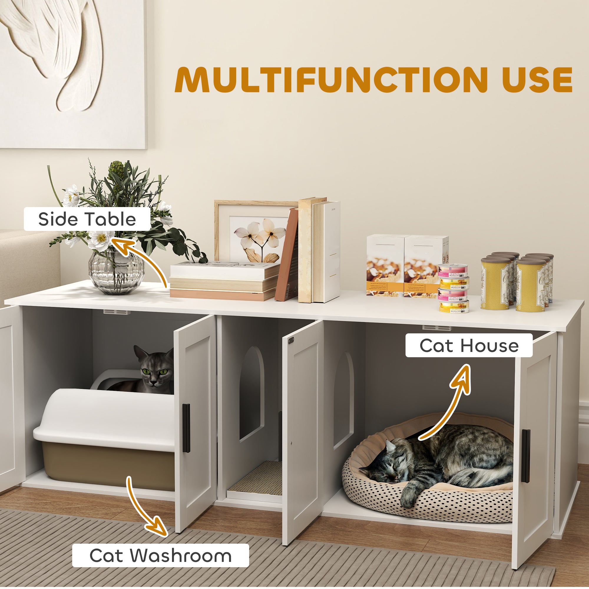 Cat Litter Box Enclosure with Double Room, Scratching Mat for 2 Cats, 57" x 19" x 20", White - White - Image 4