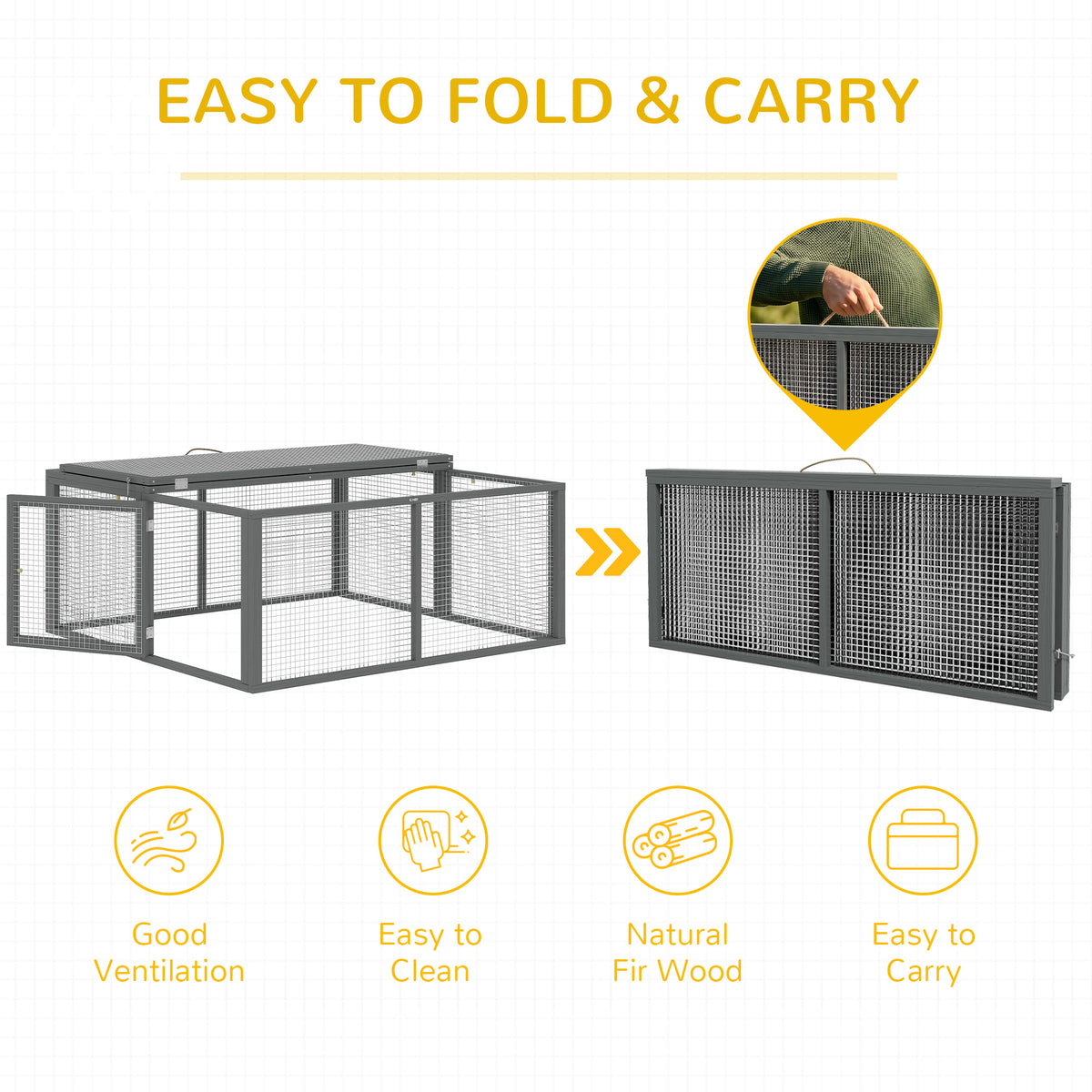 Wooden Folding Rabbit Hutch, for 2-3 Rabbits - Gray