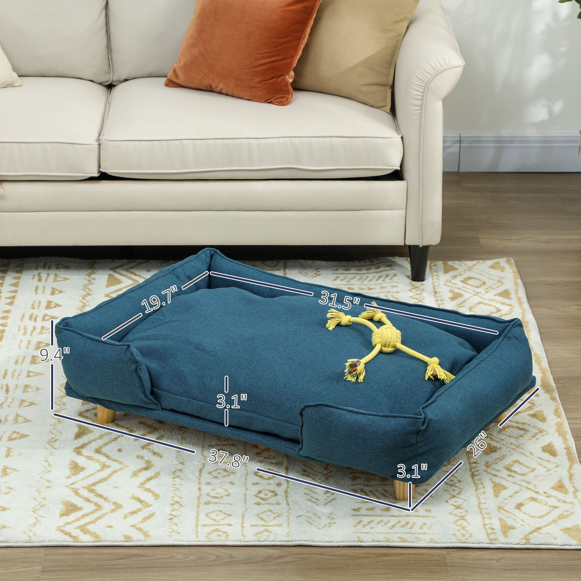 Raised Dog Couch with Comfortable Cushion, Pine Wood Legs, Foot Pads for Large-Sized Dogs Indoor Use, Dark Blue - Blue - Image 3
