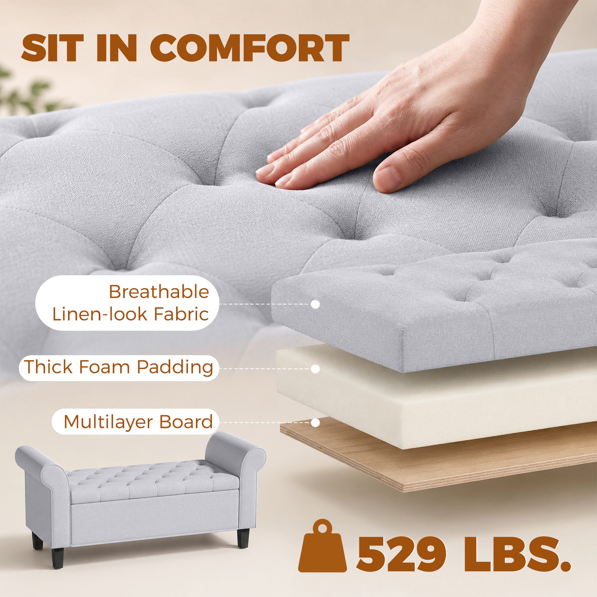 47" Storage Ottoman Bench, Tufted End of Bed Bench with Rolled Arms, Safety Hinge, Wood Legs for Bedroom, Light Gray