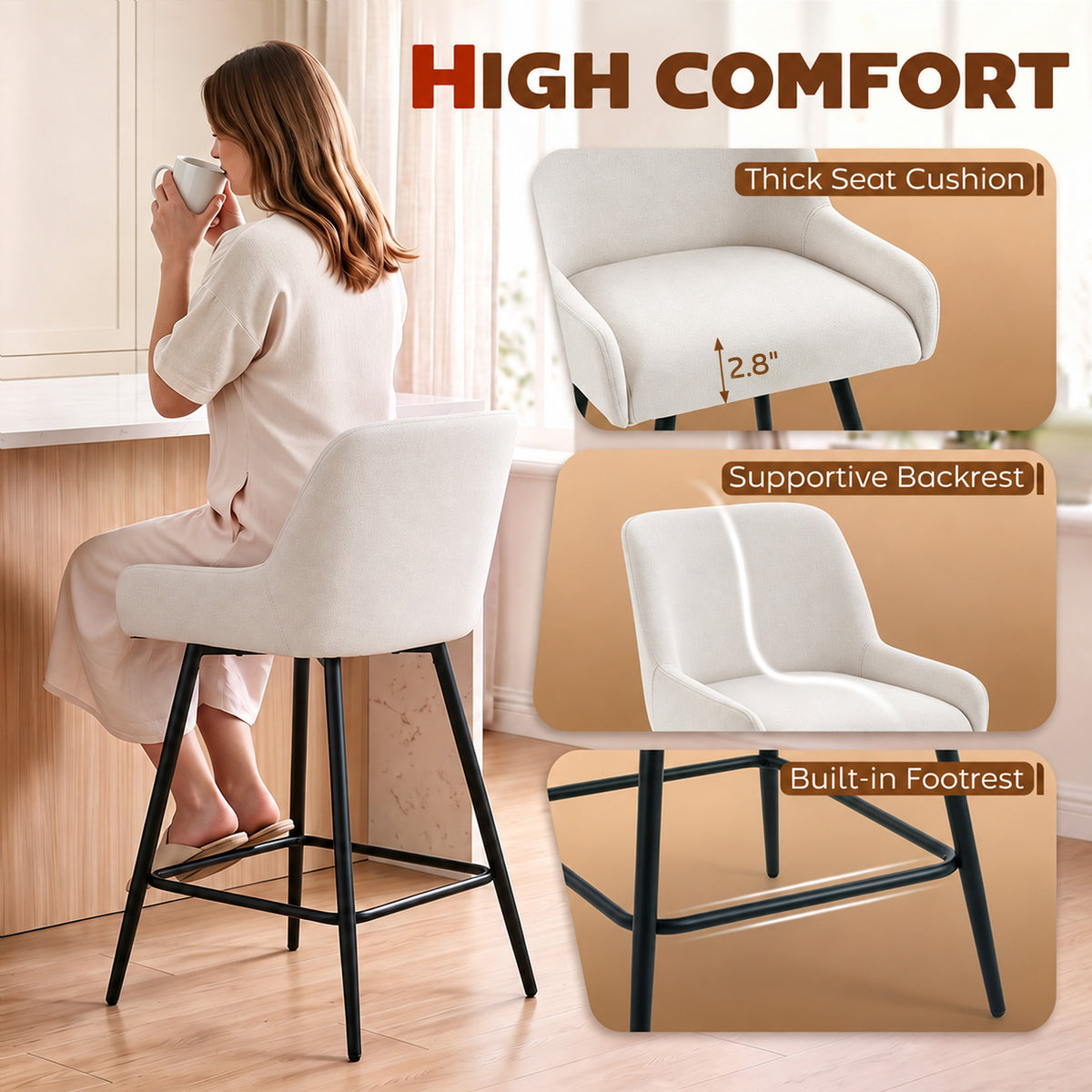 Kitchen Island Chairs Counter Height Bar Stools with Swivel Linen Seat and Footrest, Cream White