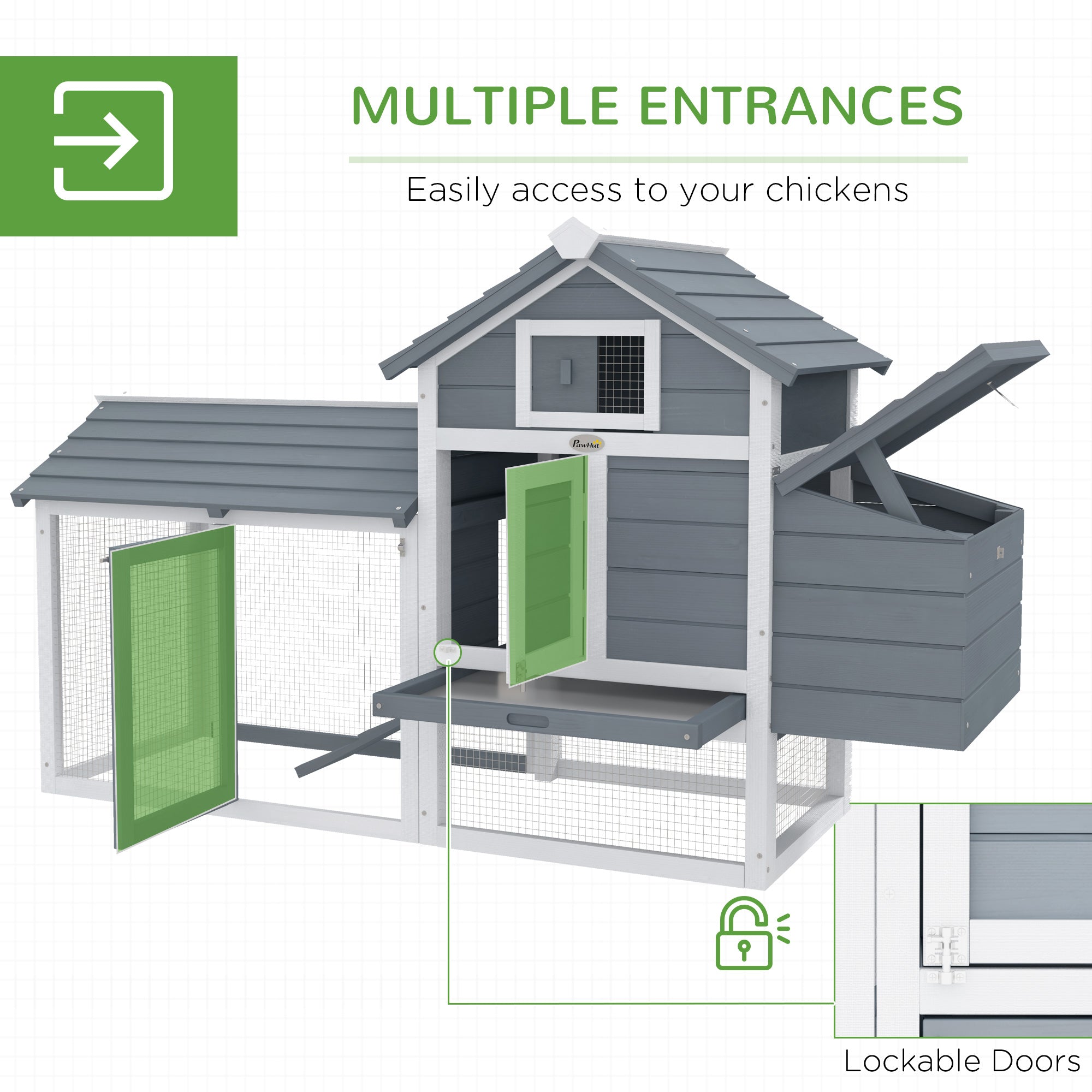 59" Small Wooden Chicken Coop Hen House Poultry Cage for Outdoor Backyard with 2 Doors, Nesting Box and Removable Tray, White - White - Image 5