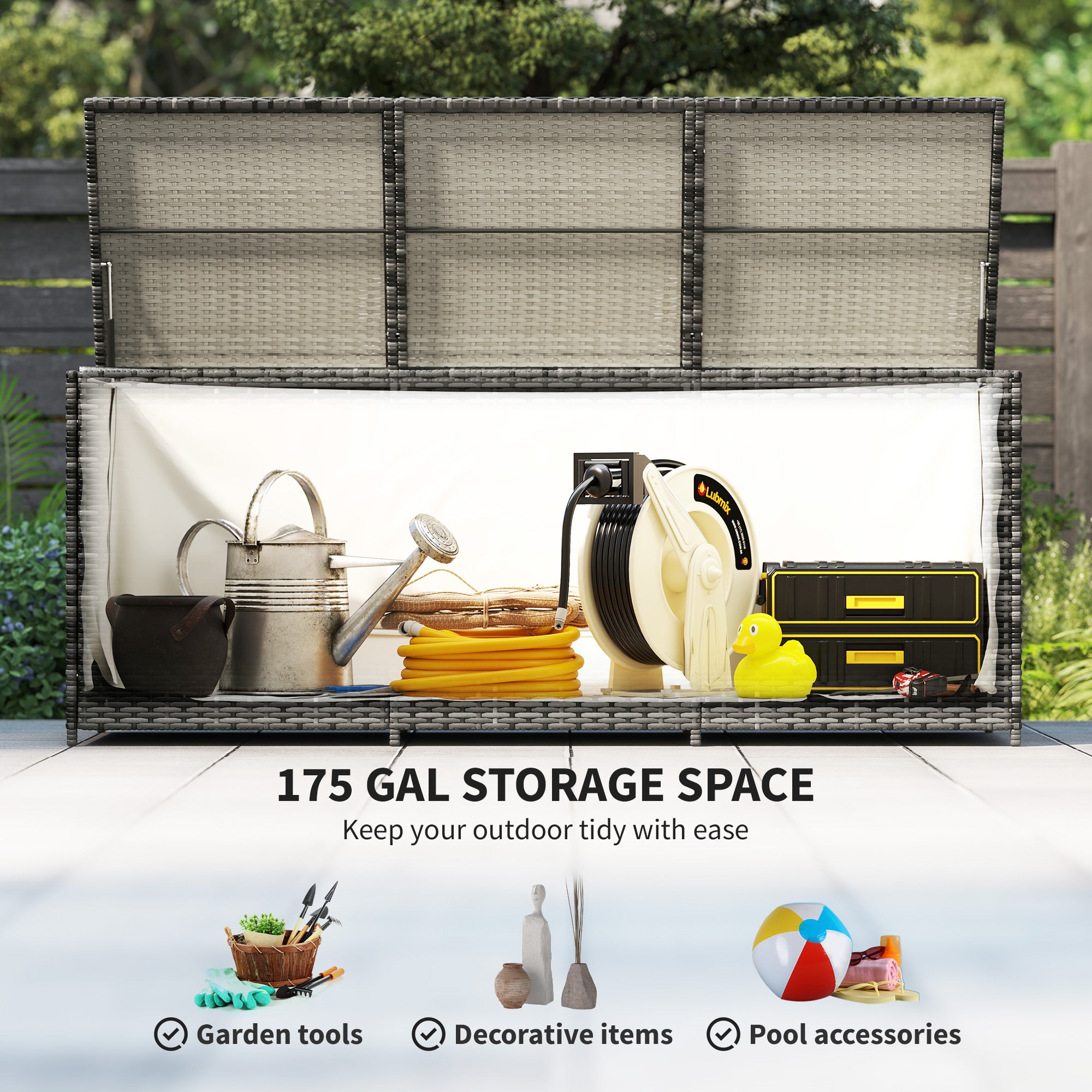 175 Gallon Outdoor Storage Box with Inner Liner, PE Rattan Wicker Deck Box with Pneumatic Bar Lift, Mixed Gray - Gray - Image 4