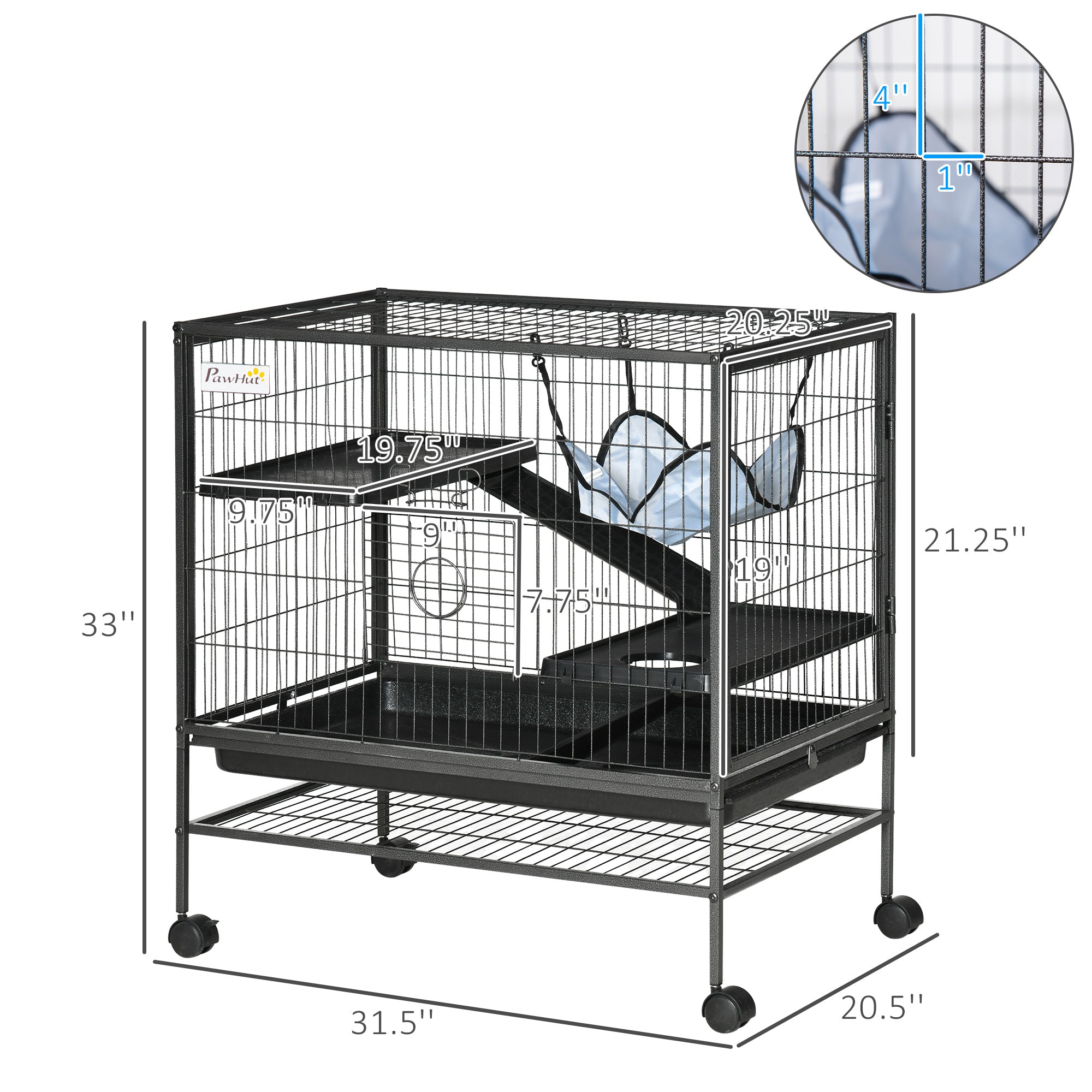 Small Animal Cage with Wheels, Pet Playpen for Rat, Syrian Hamster, Kitten, Ferrets, Chinchillas with Bottom Storage Shelf, Removable Tray, Ramp, 31.5" x 20.5" x 33.1" - Black - Image 3