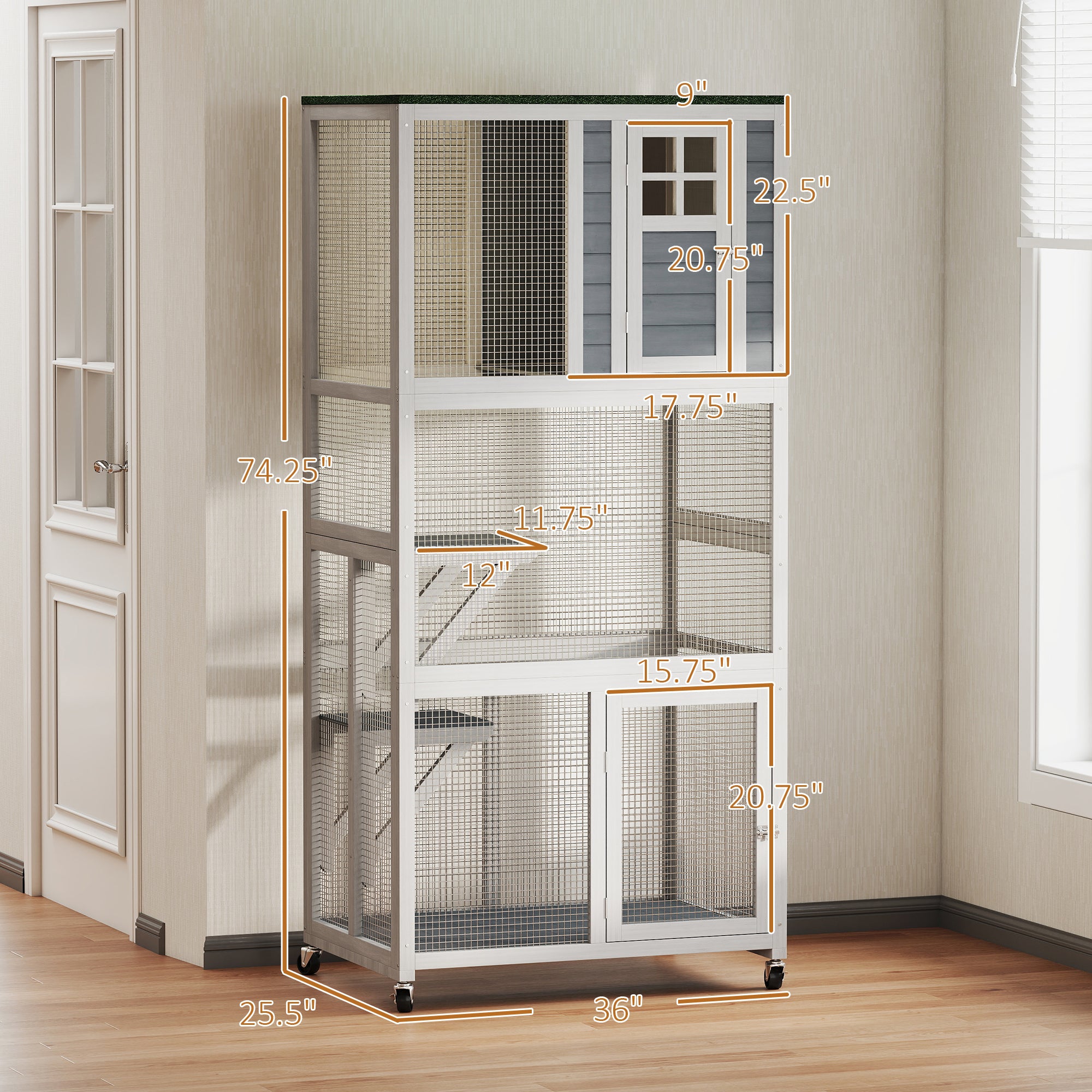 74" Wooden Catio Outdoor Cat Enclosure Weatherproof & Wheeled, Outside Cat House with High Weight Capacity, Kitten Cage Condo, White - Dark Gray - Image 3