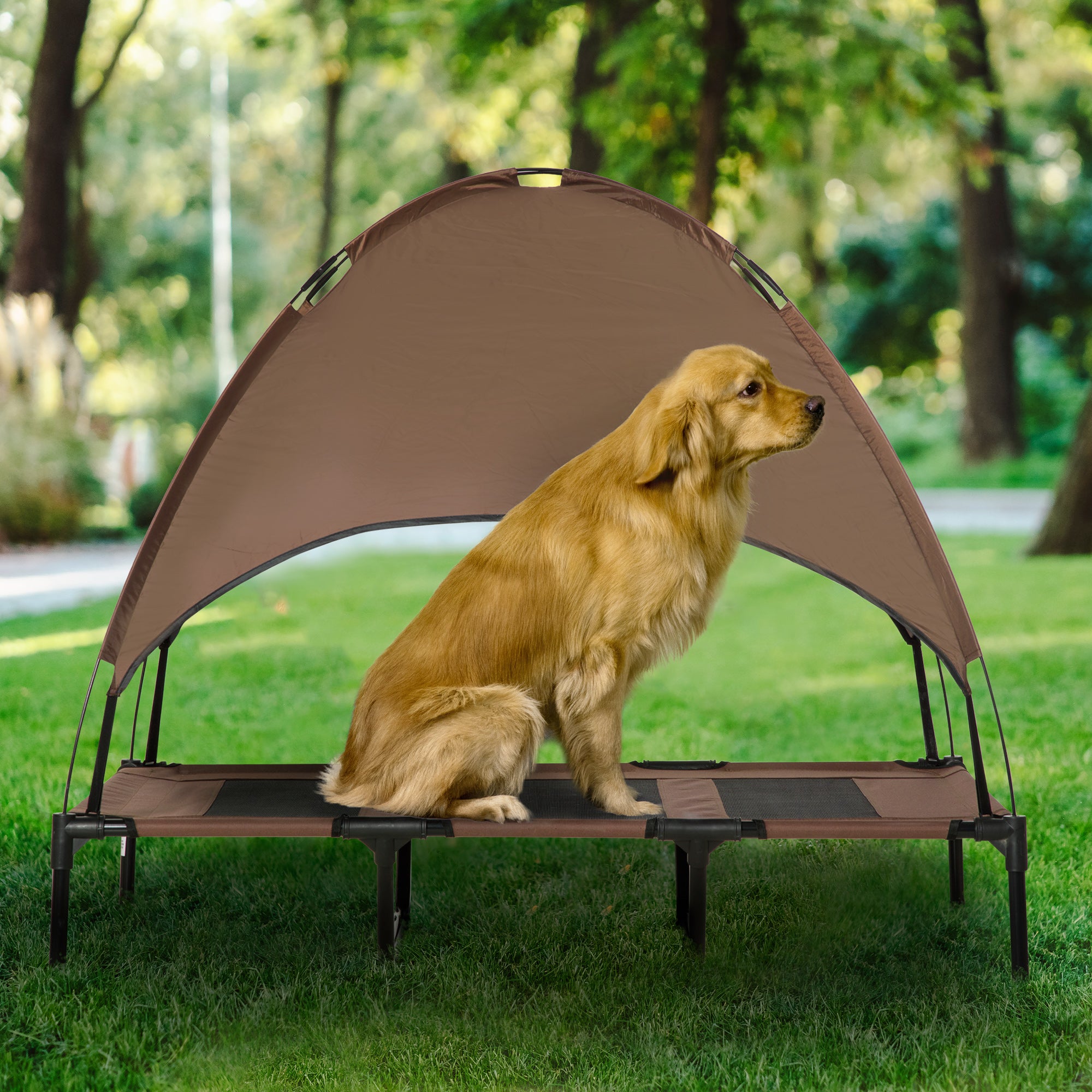 48" x 36" Elevated Portable Dog Cot Cooling Pet Bed with UV Protection Canopy Shade, Coffee - Coffee - Image 2