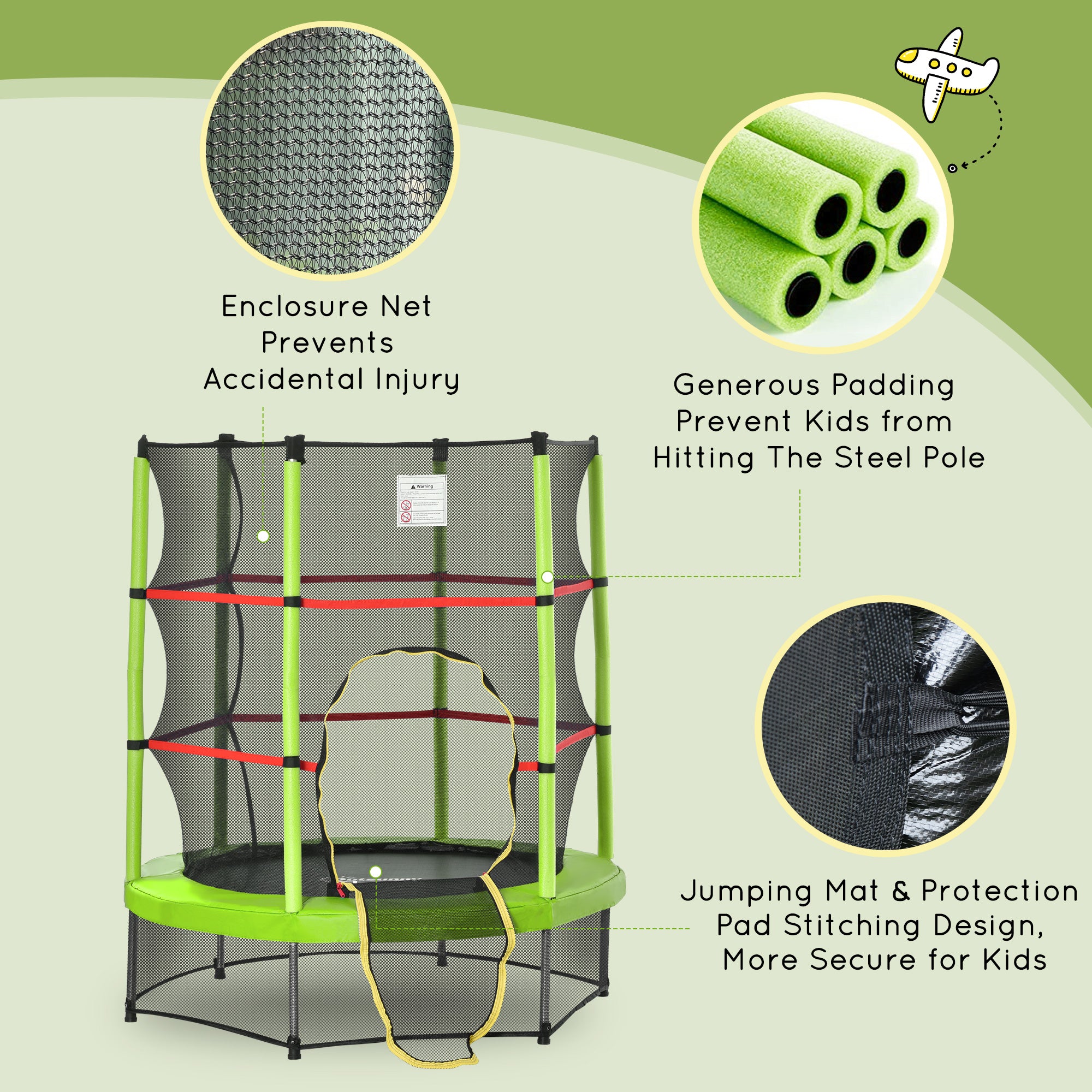Φ5FT Kids Trampoline with Enclosure Net for Age 3 to 6 Years Green