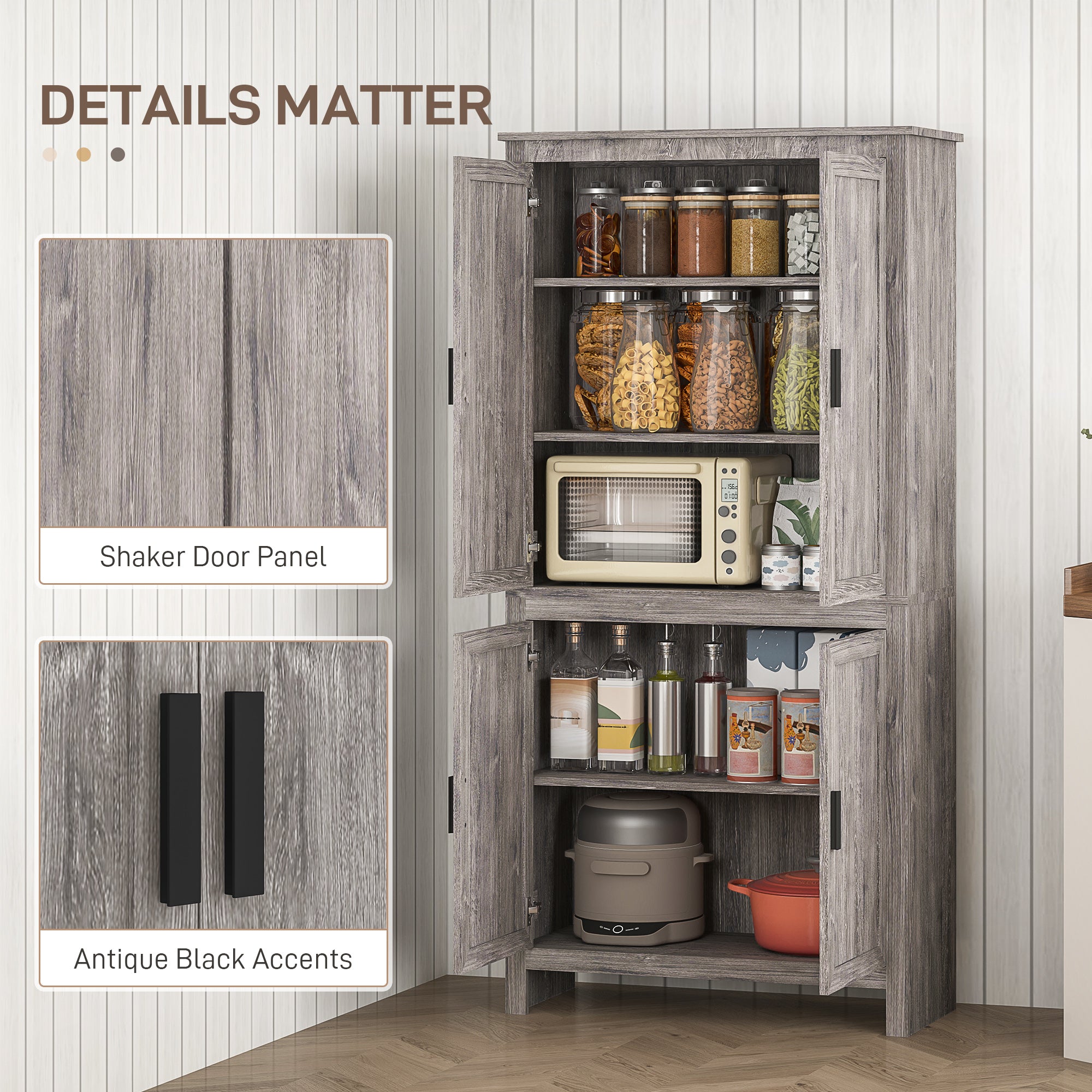 64" 4-Door Kitchen Pantry, Freestanding Storage Cabinet with 3 Adjustable Shelves for Kitchen, Gray Oak