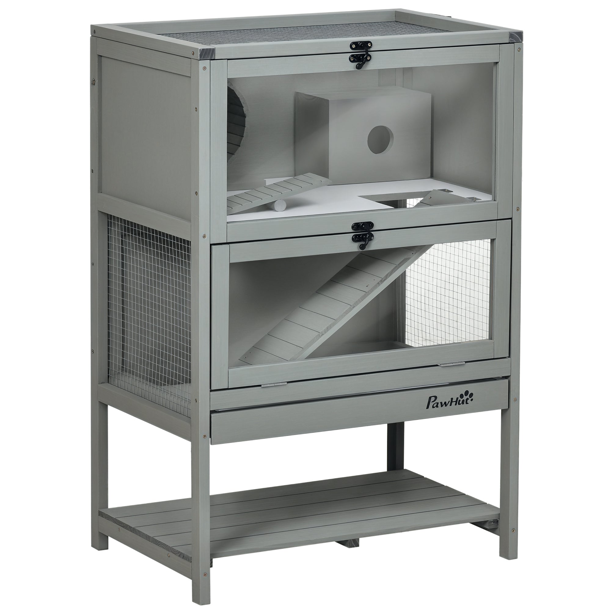 Wooden Hamster Cage with Storage Shelf, Large Rat Mouse Habitat Including Seesaw, Small Animal Cage with Sliding Tray, Wide Ramp for Racing, Running Wheel, 35.5" H - Grey