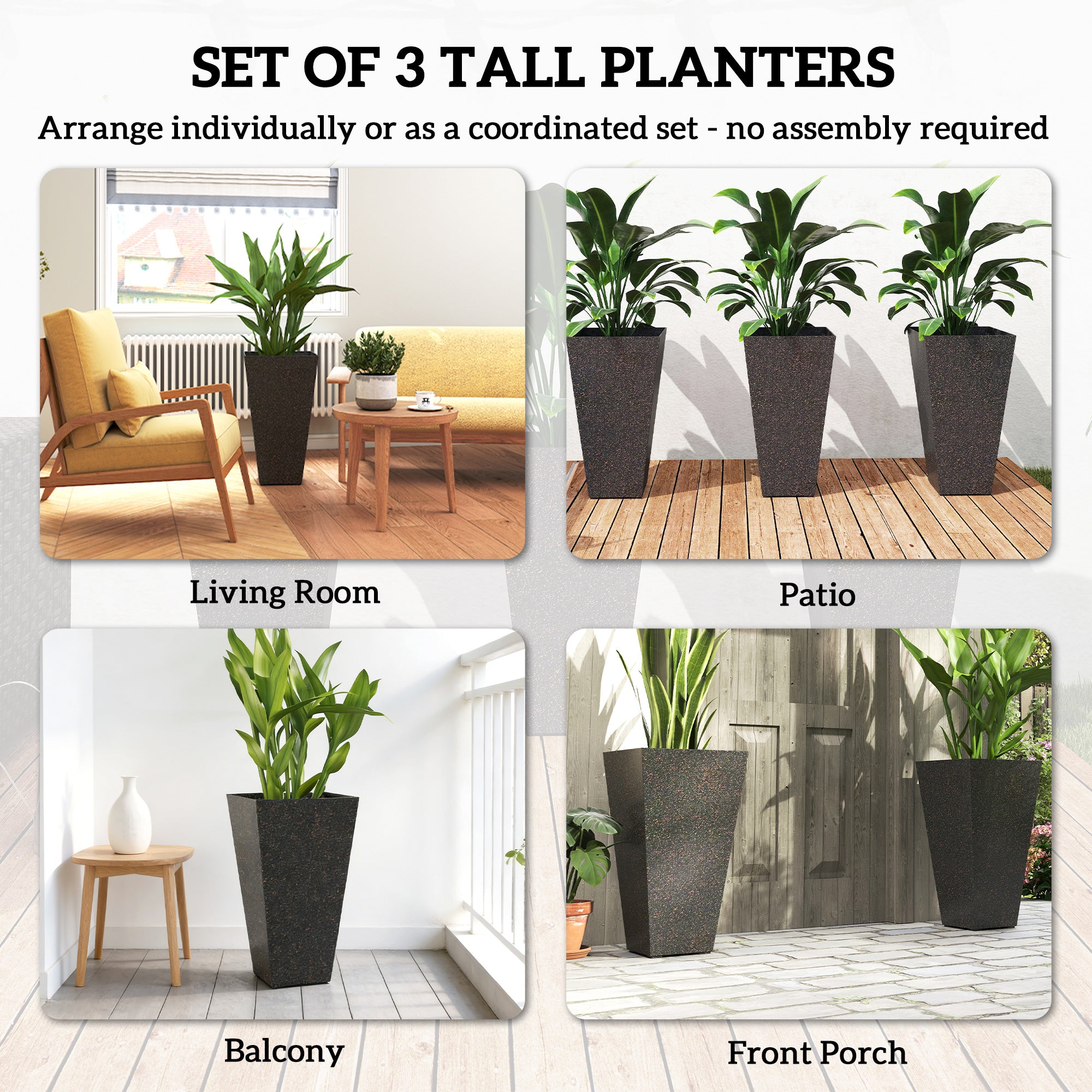 28" Tall Planters, Set of 3 Plastic Flower Pots with Marble Finish and Drainage Holes, Stackable Taper Planters, Brown - Brown - Image 4