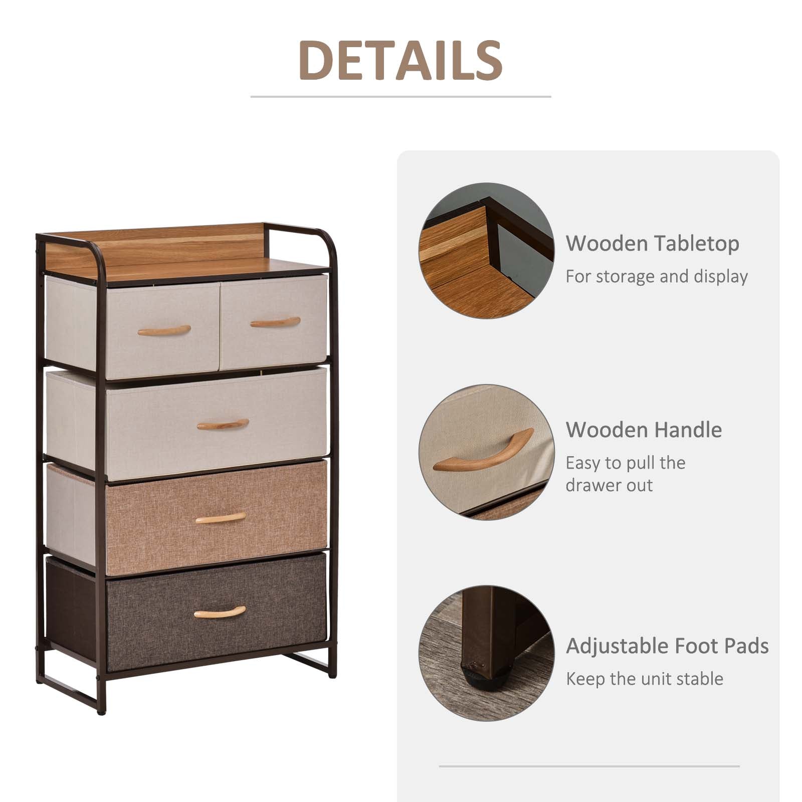 5-Drawer Fabric Dresser Tower, 4-Tier Storage Organizer with Steel Frame for Hallway, Bedroom, and Closet, Maple Wood