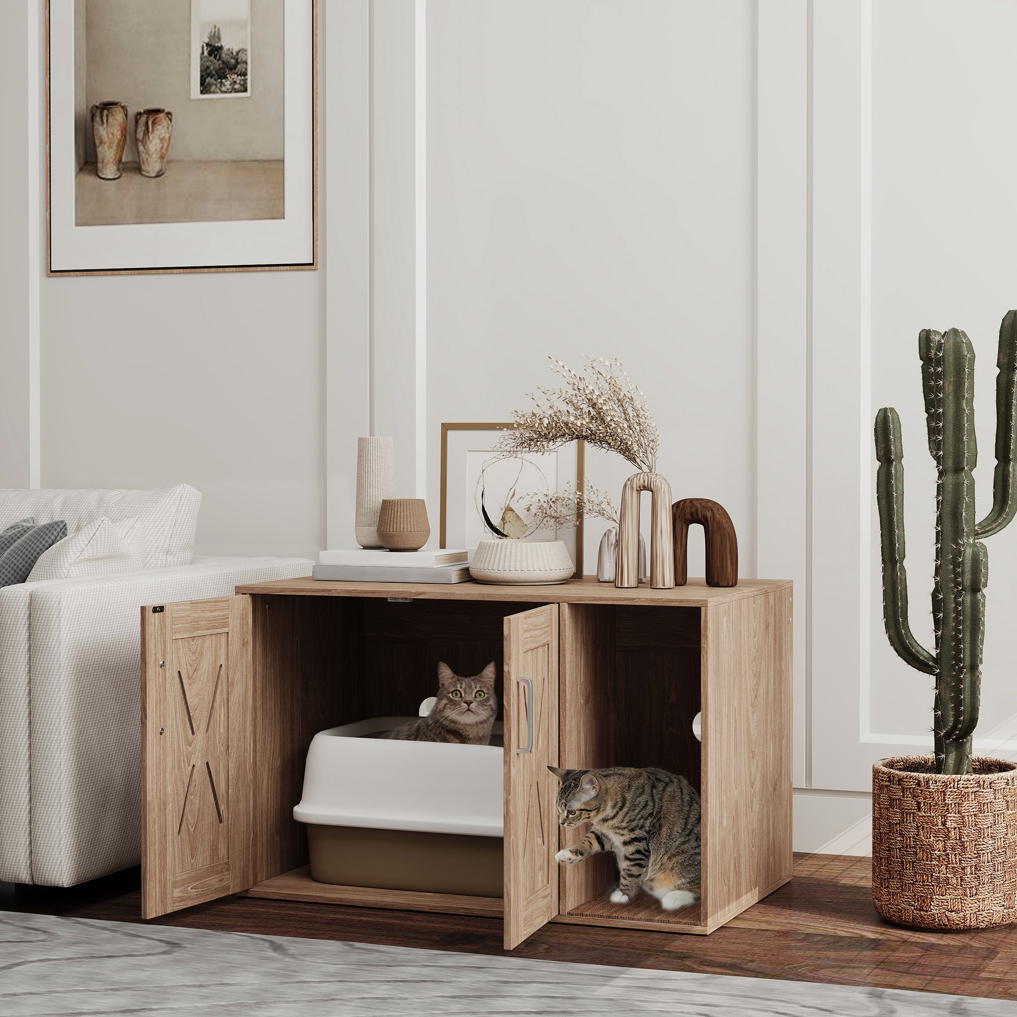 Cat Litter Box Enclosure with Scratching Board, Cat Washroom End Side Table, 31.5" x 19" x 20", Walnut Brown - Walnut - Image 2