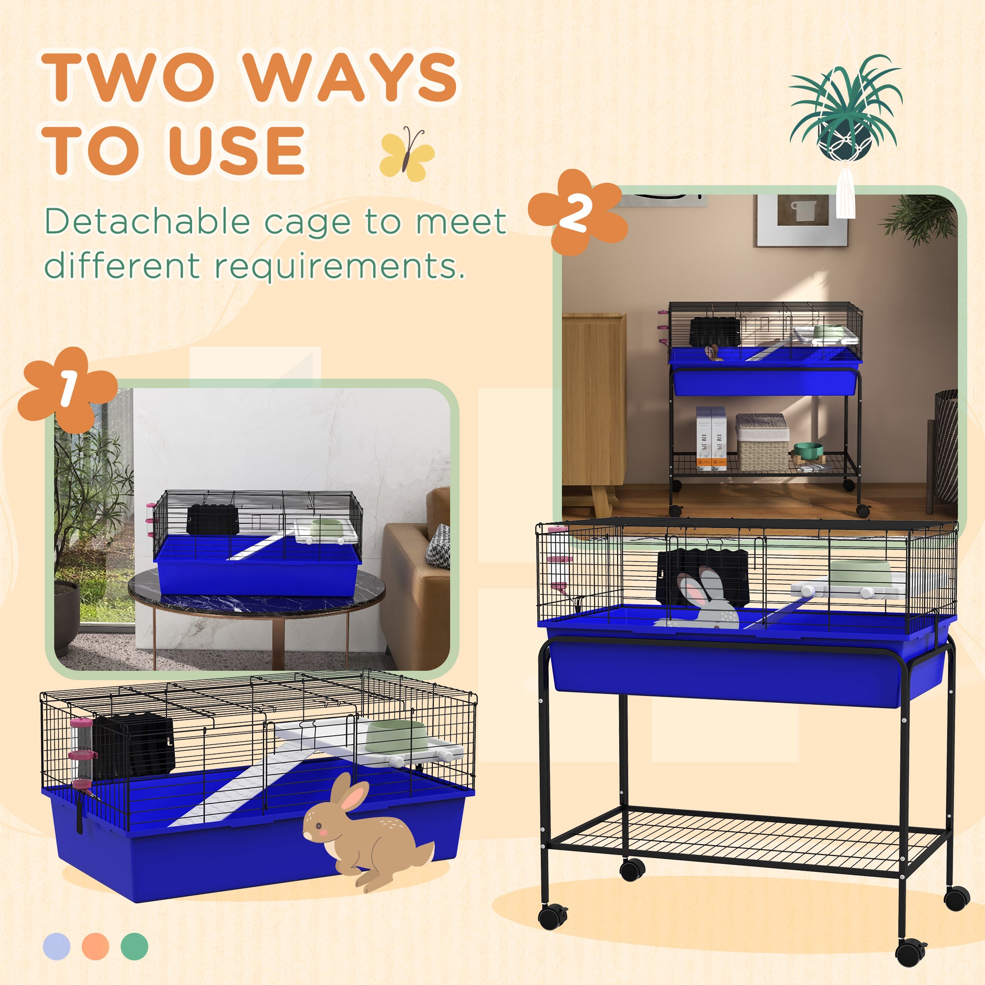 Two-Story Small Animal Cage Removable from Stand, Pet Habitat with Shelf & Wheels, 33" x 18.5" x 35", Blue - Blue - Image 4