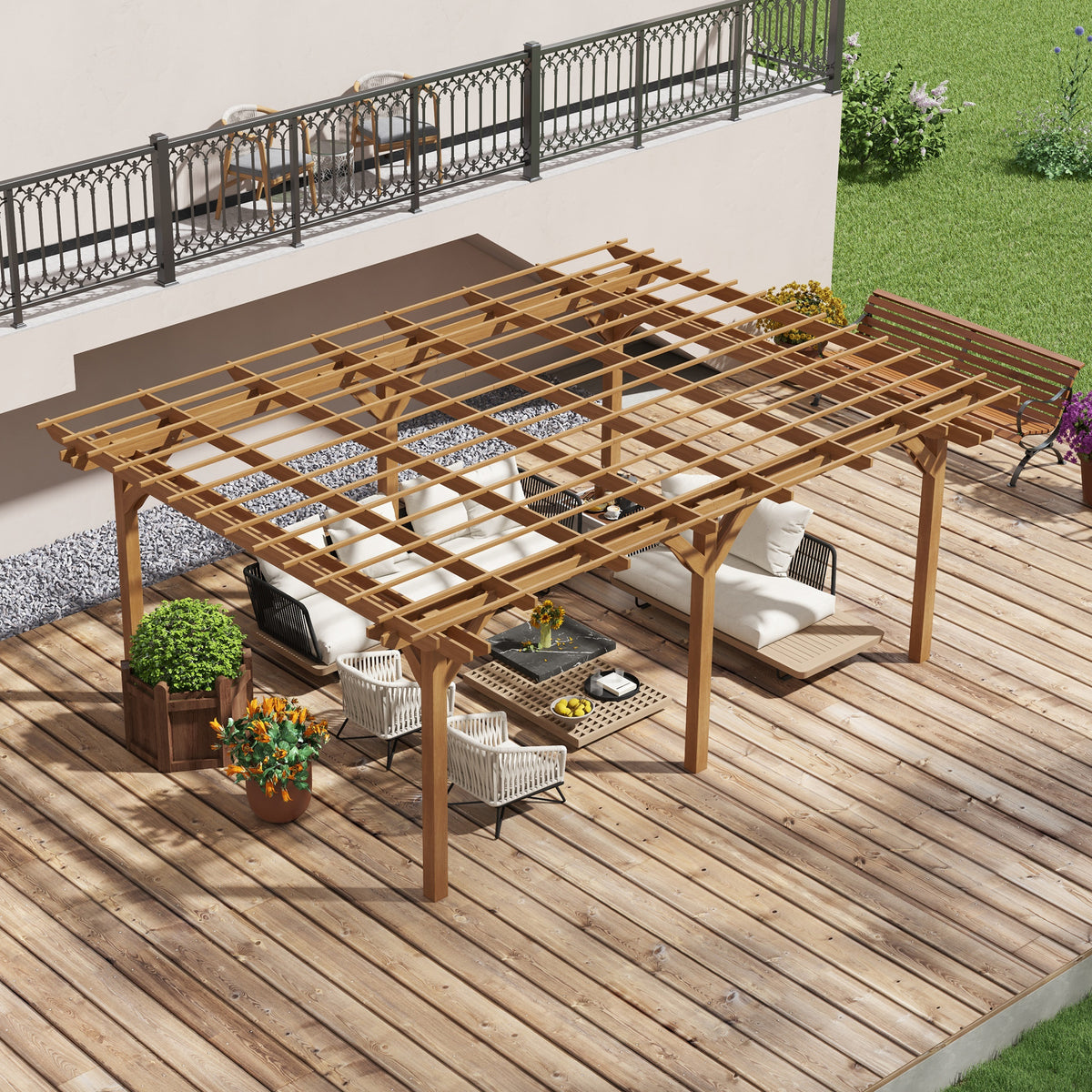 12' x 16' Outdoor Pergola Grape Trellis, Wood Gazebo for Climbing Plants at Garden, Patio, Backyard, Deck, Brown