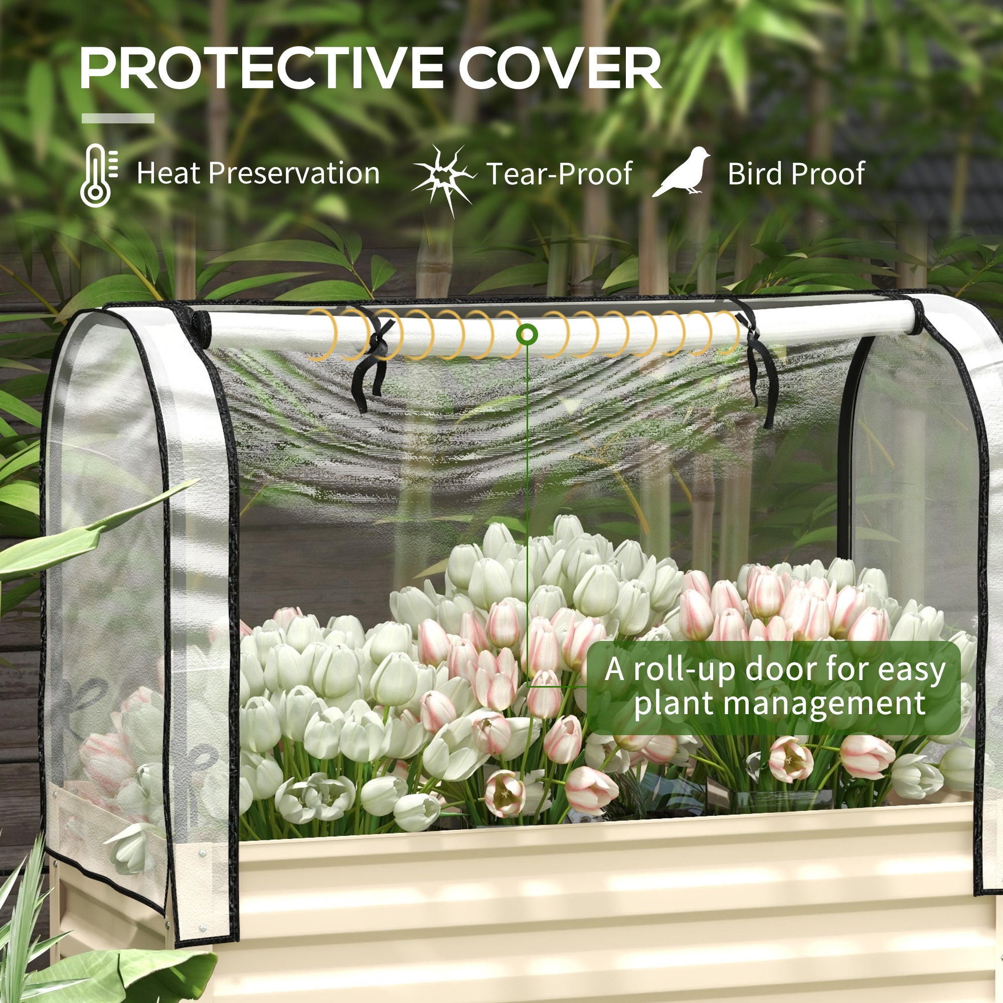Raised Garden Bed with Legs and Cover, Metal Elevated Planter Box with Bottom Shelf and Liner for Vegetables, Cream - Cream White - Image 4
