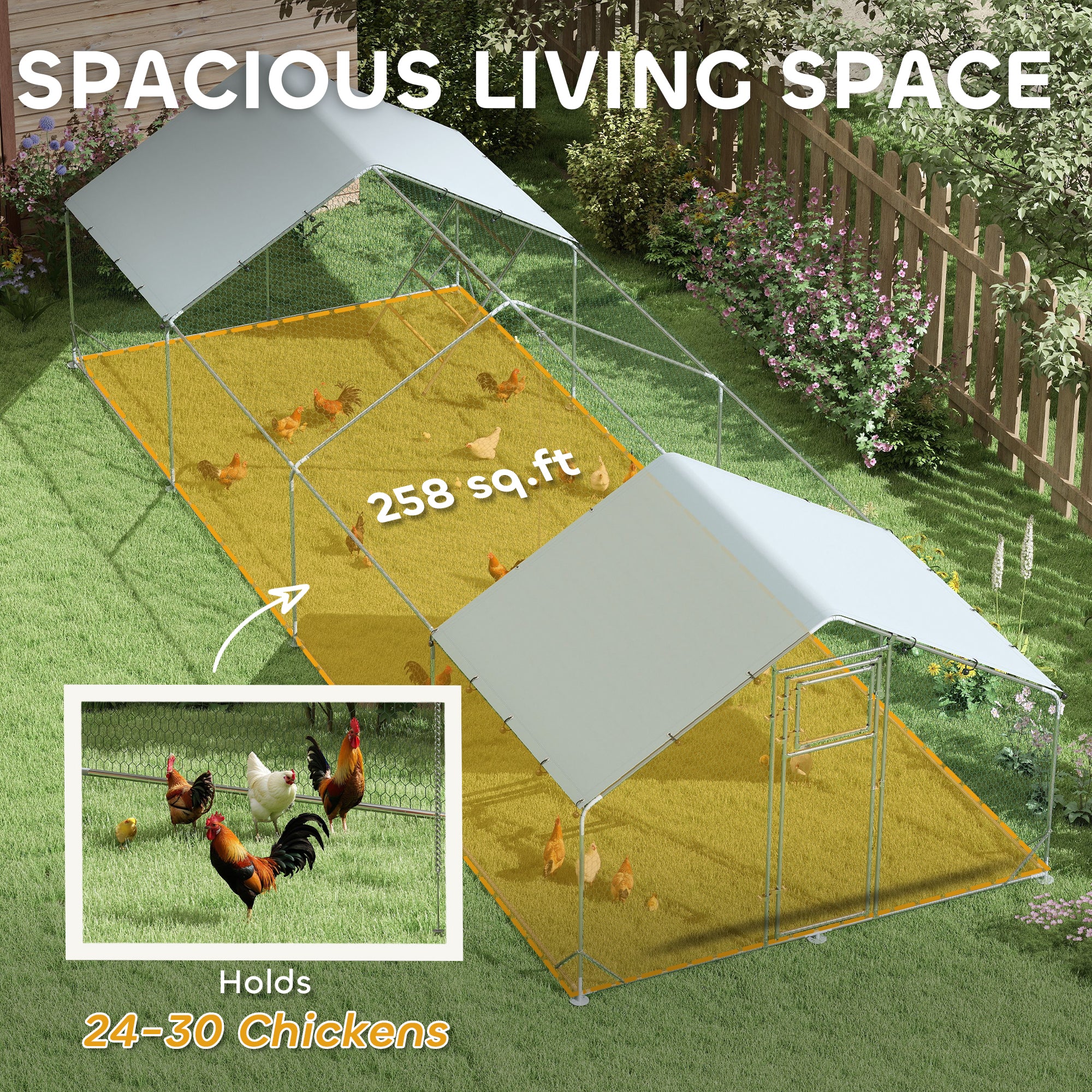 Metal Chicken Run w/ Waterproof & Anti-UV Cover, Feeding Door, Hanging Feeder, for 24-30 Chickens, 9.8' x 26.2' x 6.4' - Silver - Image 4