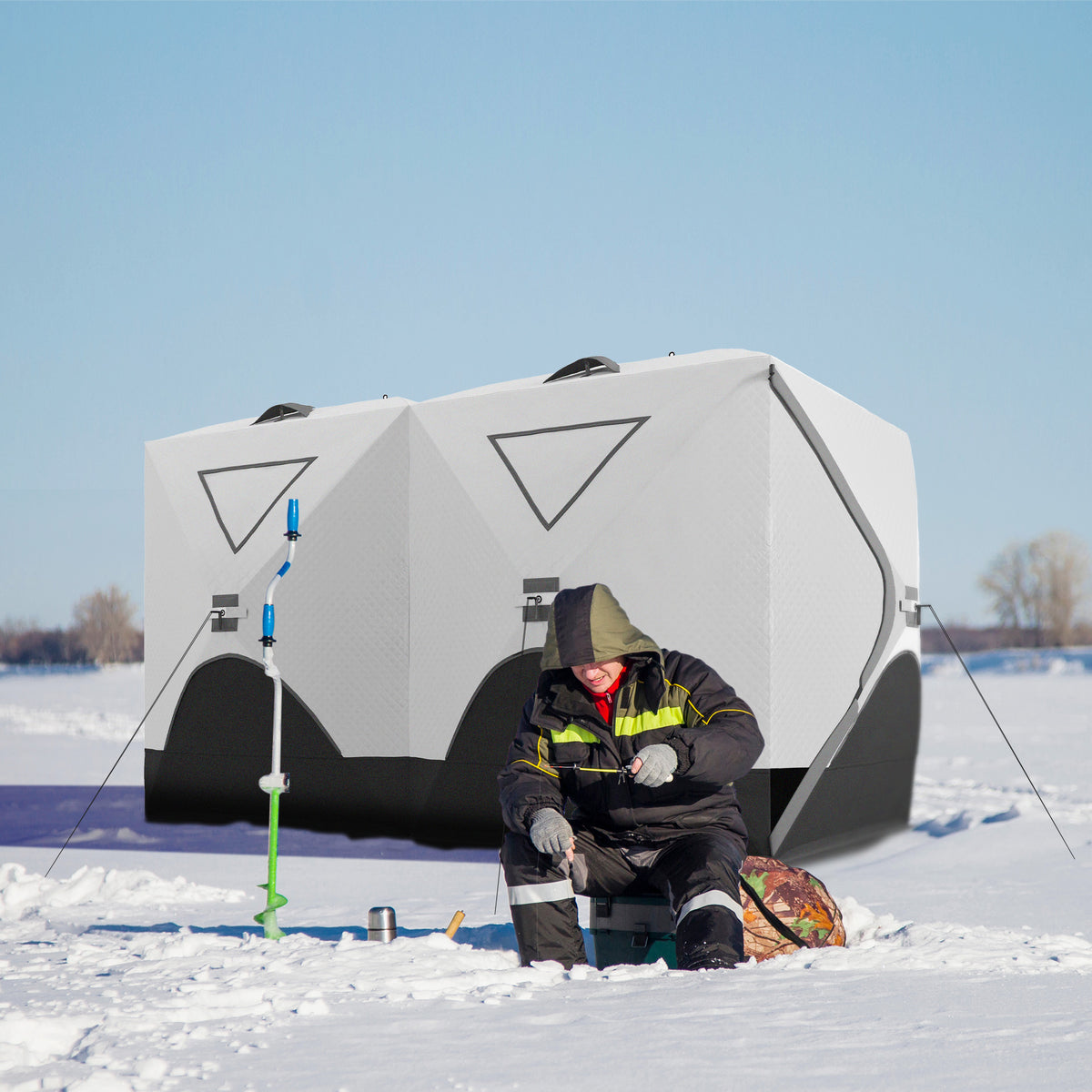 5-8 Person Ice Fishing Shelter, Pop-Up Ice Shanty Tent, Insulated Portable Tent with 2 Doors & Carrying Bag, Light Gray