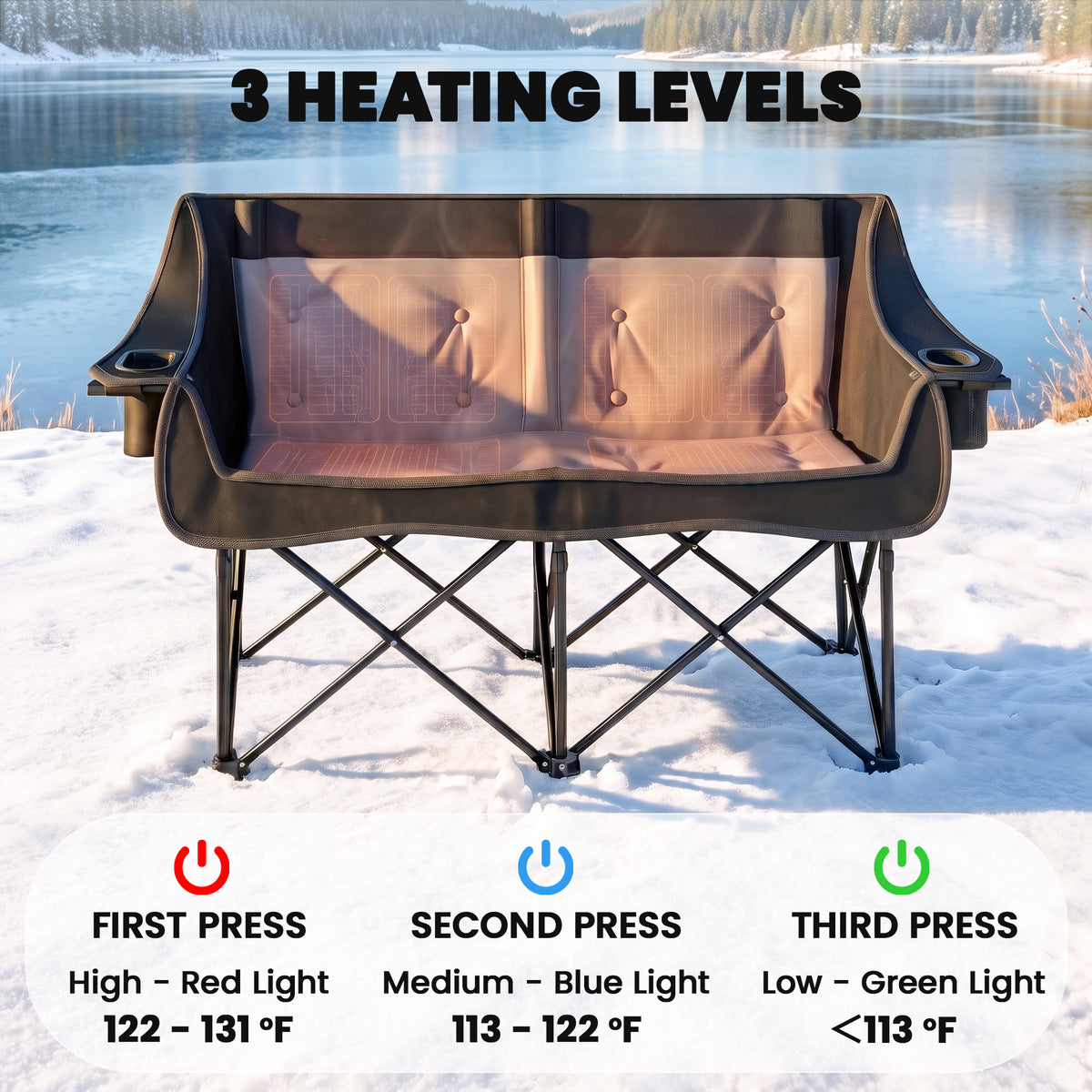 Heated Double Camping Chair, Oversized Folding Padded Camp Loveseat Couch with 3 Heat Levels and 4 Heating Zones