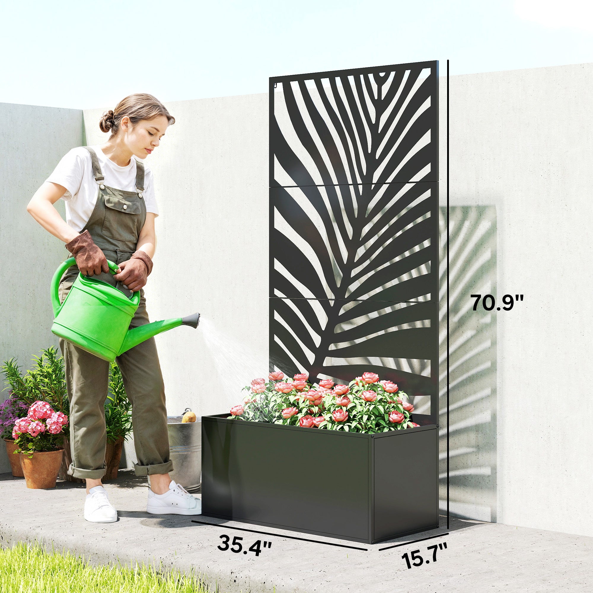 Metal Planter Box with Trellis, Raised Garden Bed with Trellis Large Leaf Cut-Out Privacy Screen for Climbing Plants - Black - Image 3