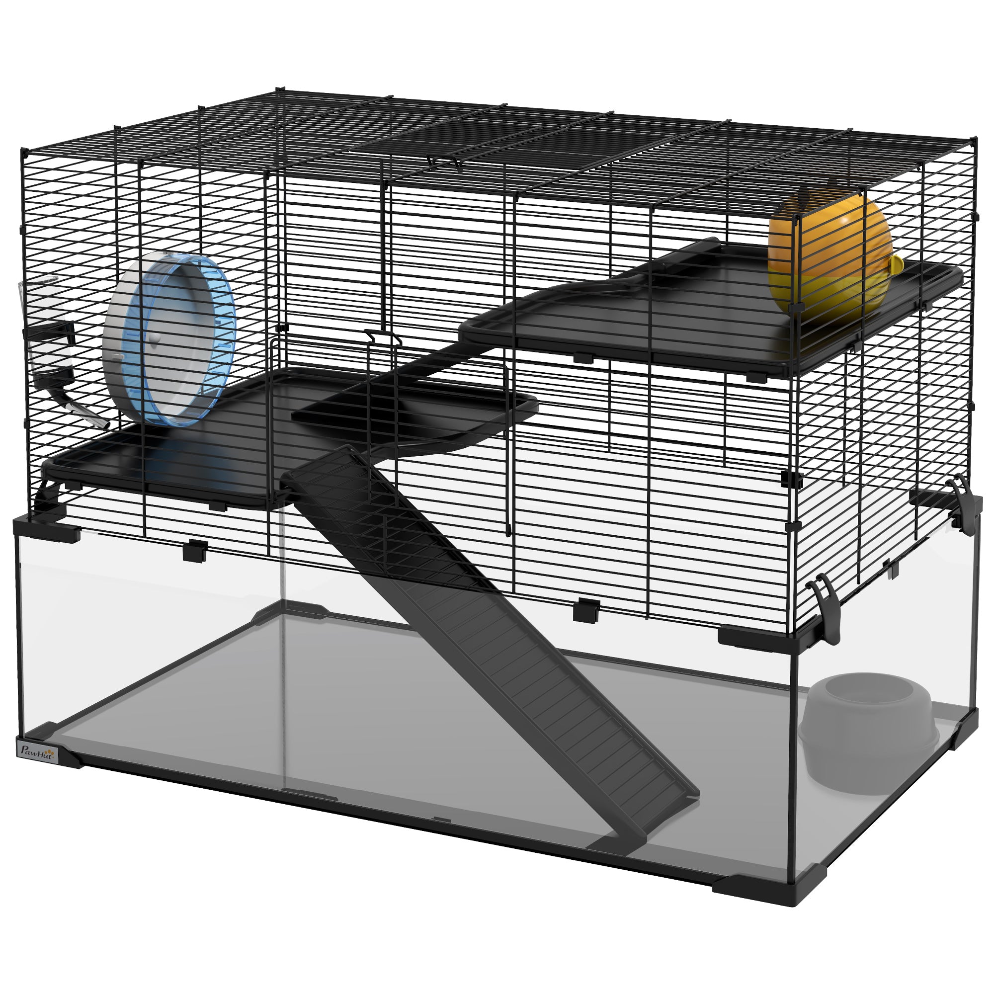 30" Hamster Cage, Gerbil Cage with Glass Basin for Small Hamsters, Black - Black