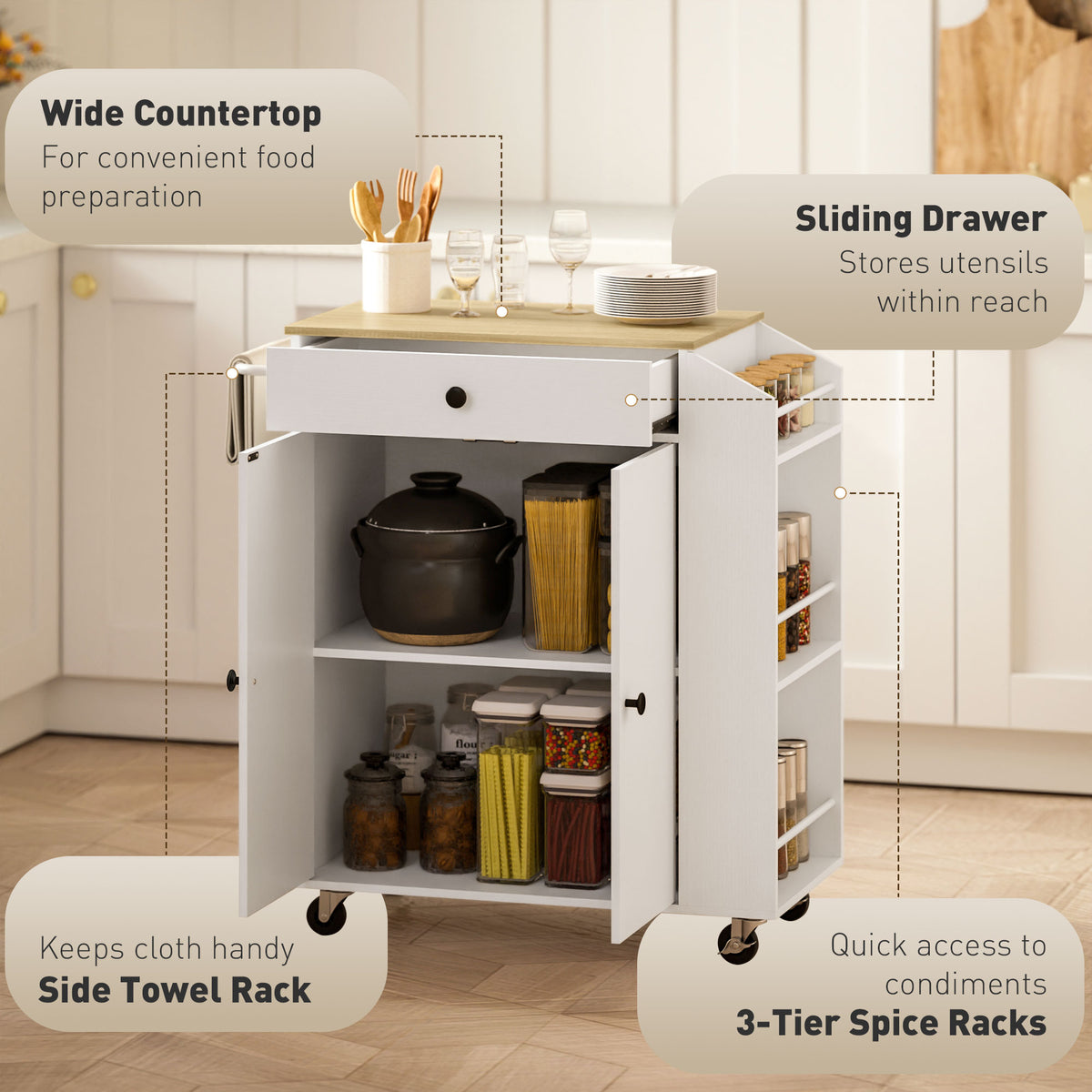 Rolling Kitchen Island with Tabletop, Kitchen Cart with Storage, Drawer, Cabinet, Spice Rack and Towel Bar, White