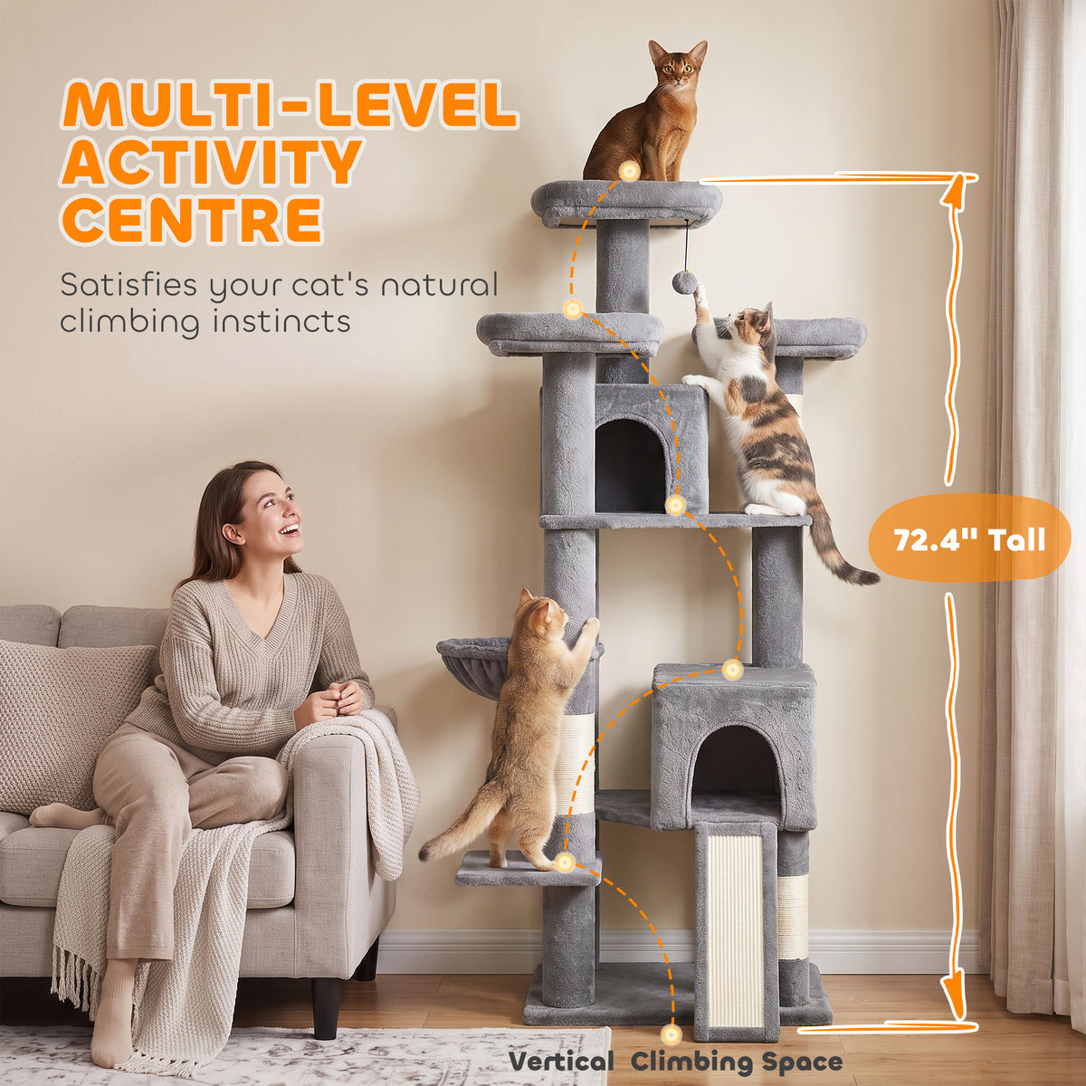 72" Cat Tree, Large Cat Tower with 2 Condos, 3 Padded Beds, Hammock, 3 Scratching Posts and Ladder