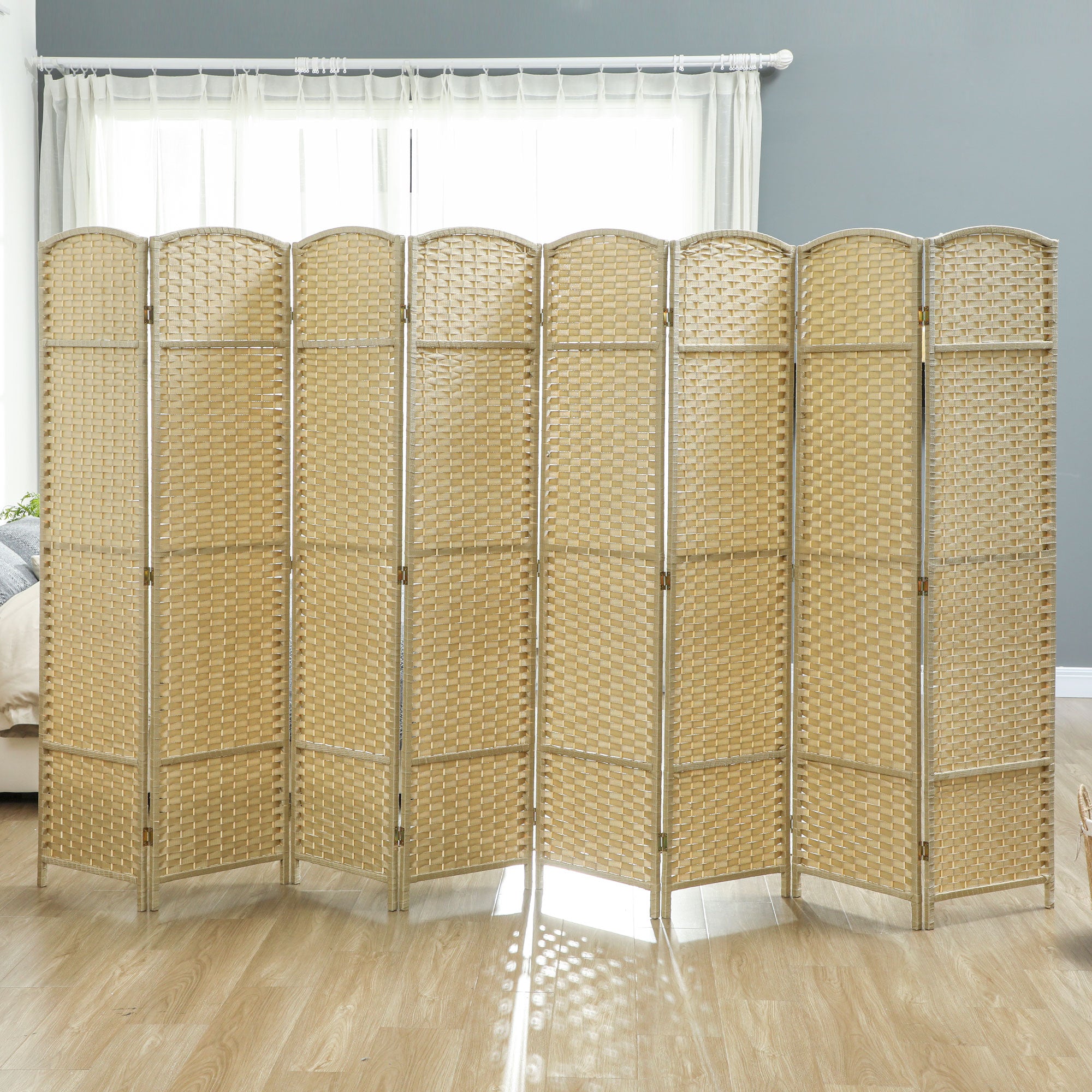 Folding Room Divider Screen 8 Panel 5.6 ' Tall Privacy Screen Freestanding Room Partition for Home Office, Beige