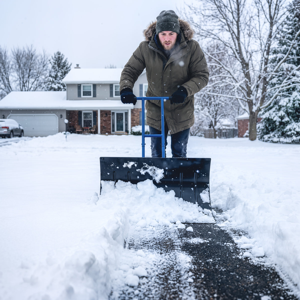 Snow Shovel with Wheels, 29" Metal Snow Pusher with Adjustable Handle, 7-Angle Blade, Wear Strip for Driveway, Blue