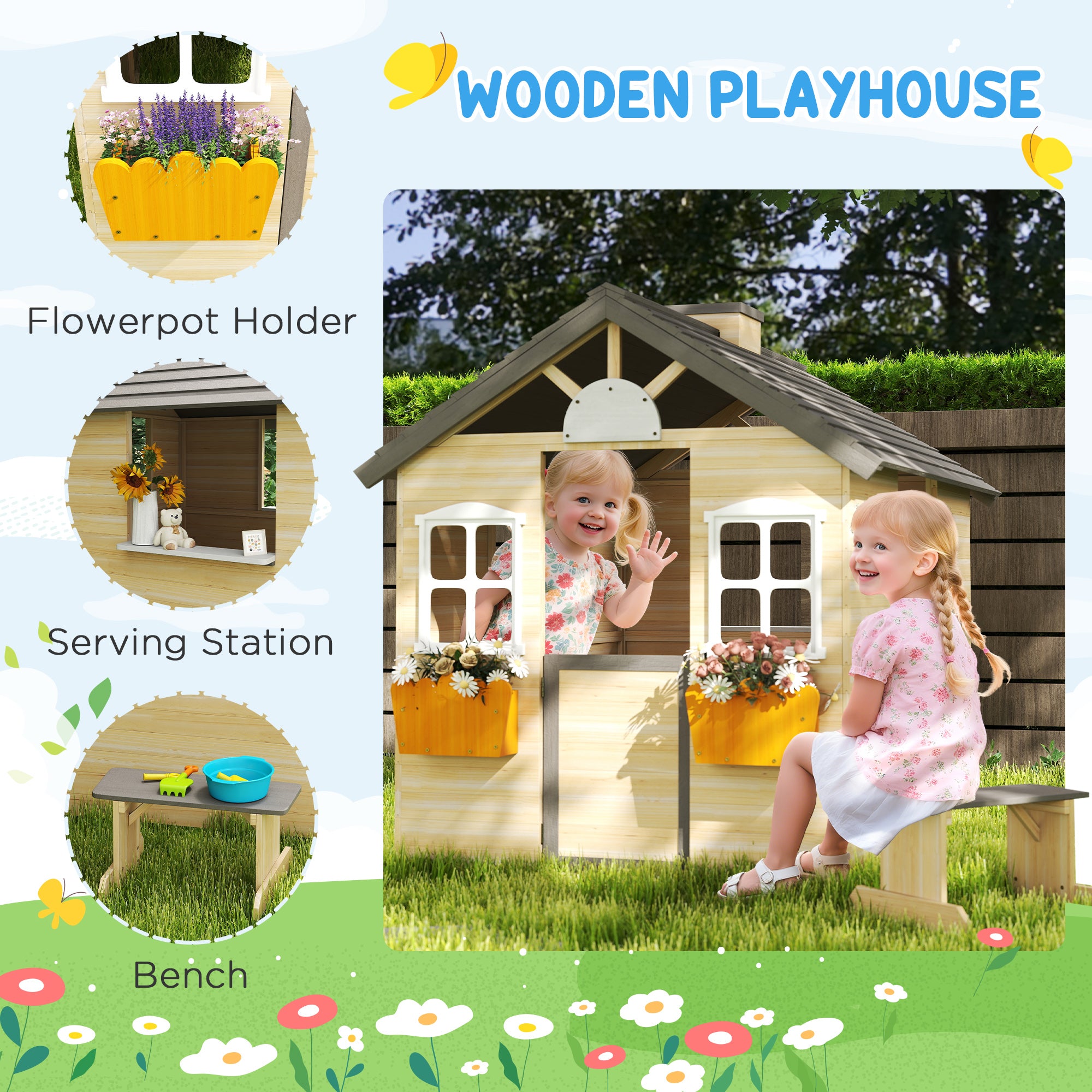 Wooden Playhouse for Kids Outdoor Garden Pretend Play Games, Adventures Cottage, with Working Door, Windows, Bench, Service Station, Flowers Pot Holder, for 3-7 Years Old