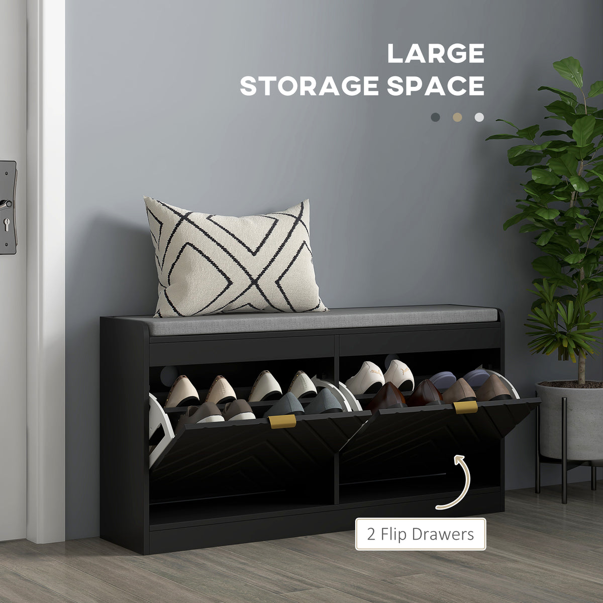 Narrow Storage Bench, Upholstered Entry Way Bench, Shoe Rack Bench with 2 Flip Drawers, 2 Vents for 8 Pairs of Shoes