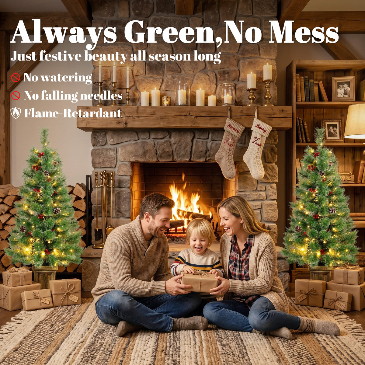 4ft Pre-Lit Artificial Christmas Tree Set of 2, Xmas Pine Trees, Dual Colors, Remote, Green