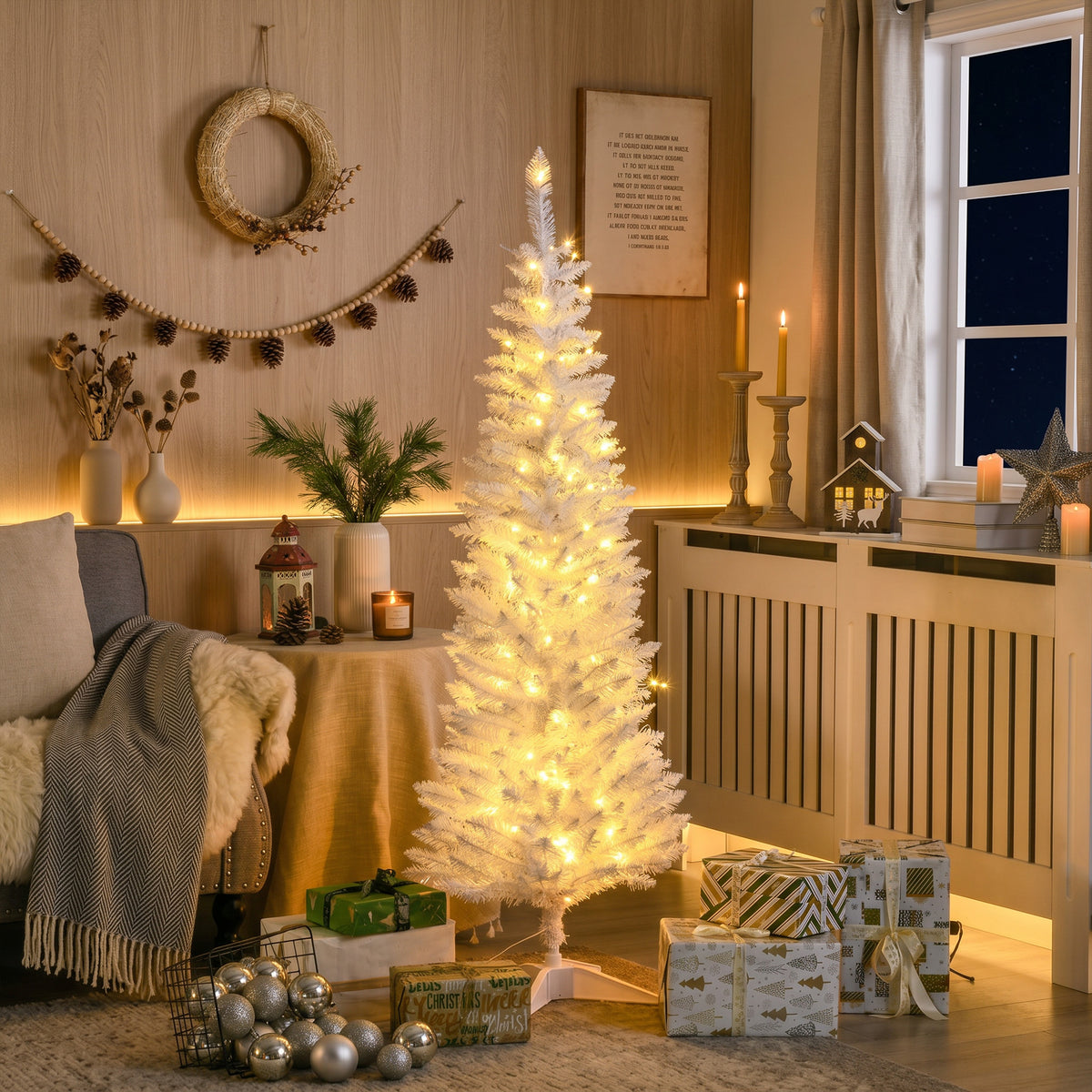 5ft Pencil Christmas Tree, Slim Artificial Christmas Tree with Realistic Branches and Warm White LED Lights, White