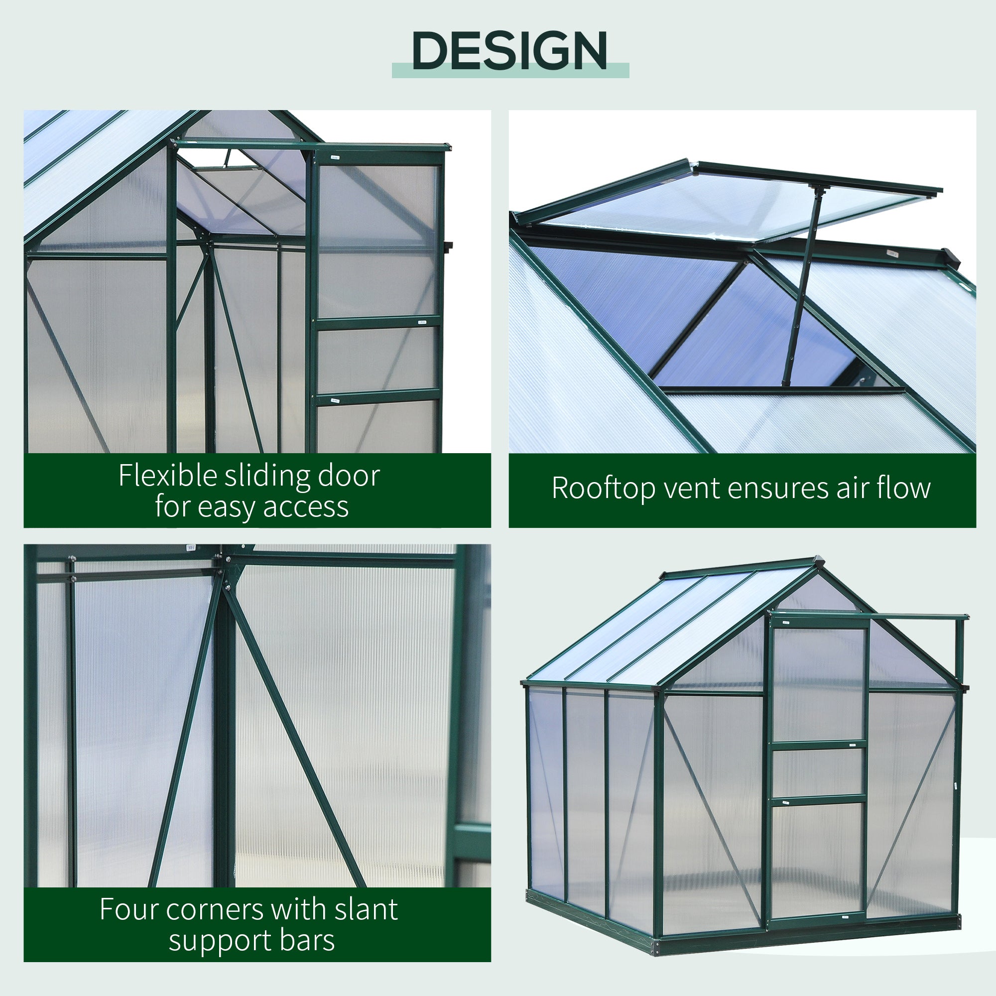 6' x 6' Greenhouse for Outdoors, Polycarbonate Greenhouse with Rain Gutter and Roof Vent, Aluminum Walk-in Green Houses for Outside for Patio Backyard Garden, Dark Green - Dark Green - Image 6