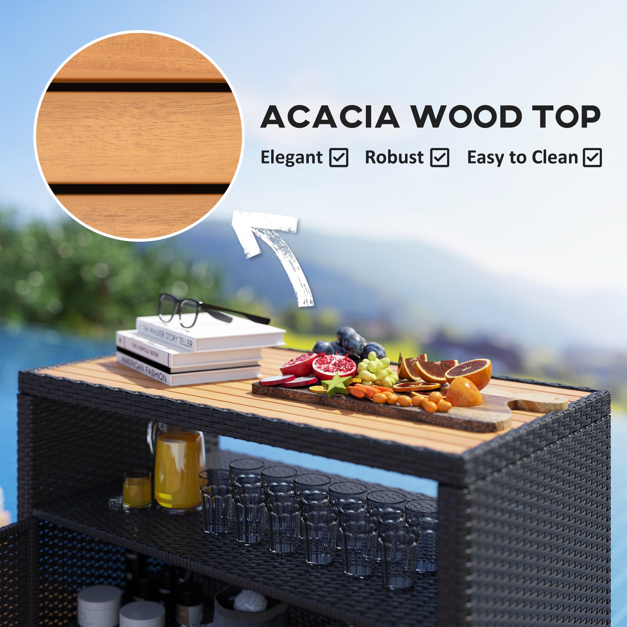 Outdoor Storage Cabinet with Acacia Wood Top, Two Doors, Shelf, Wicker Bar Table for Pool Towel Storage, Black - Black - Image 6