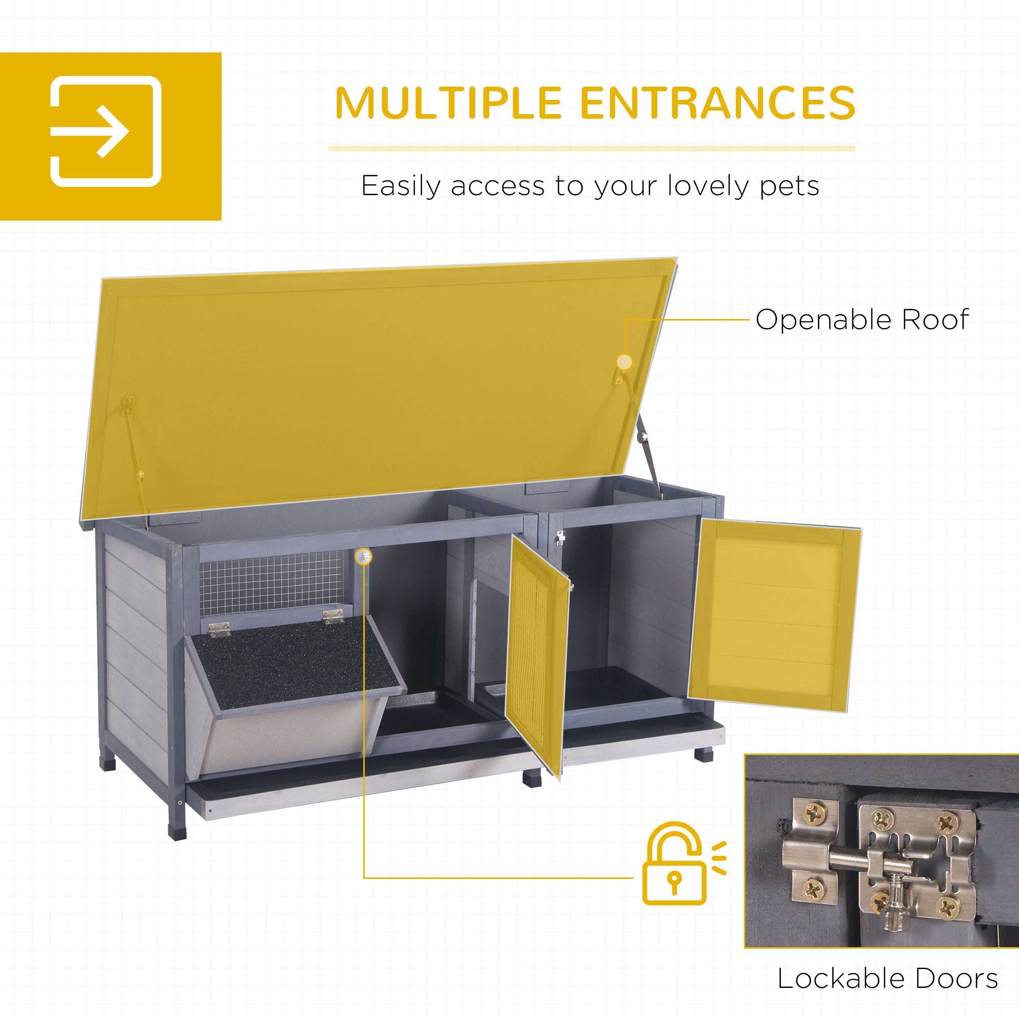 Wooden Rabbit Hutch Bunny Hutch Cage Guinea Pig with Waterproof Roof, No Leak Tray and Feeding Trough, for Rabbits, Chickens, Ducks, Indoor/Outdoor, Gray - Grey - Image 5